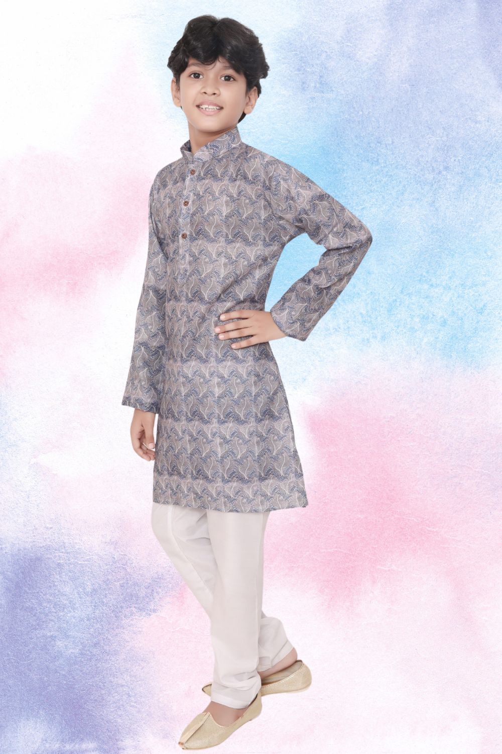 Metal Grey Indi Print Cotton Kurta Pajama Suit
