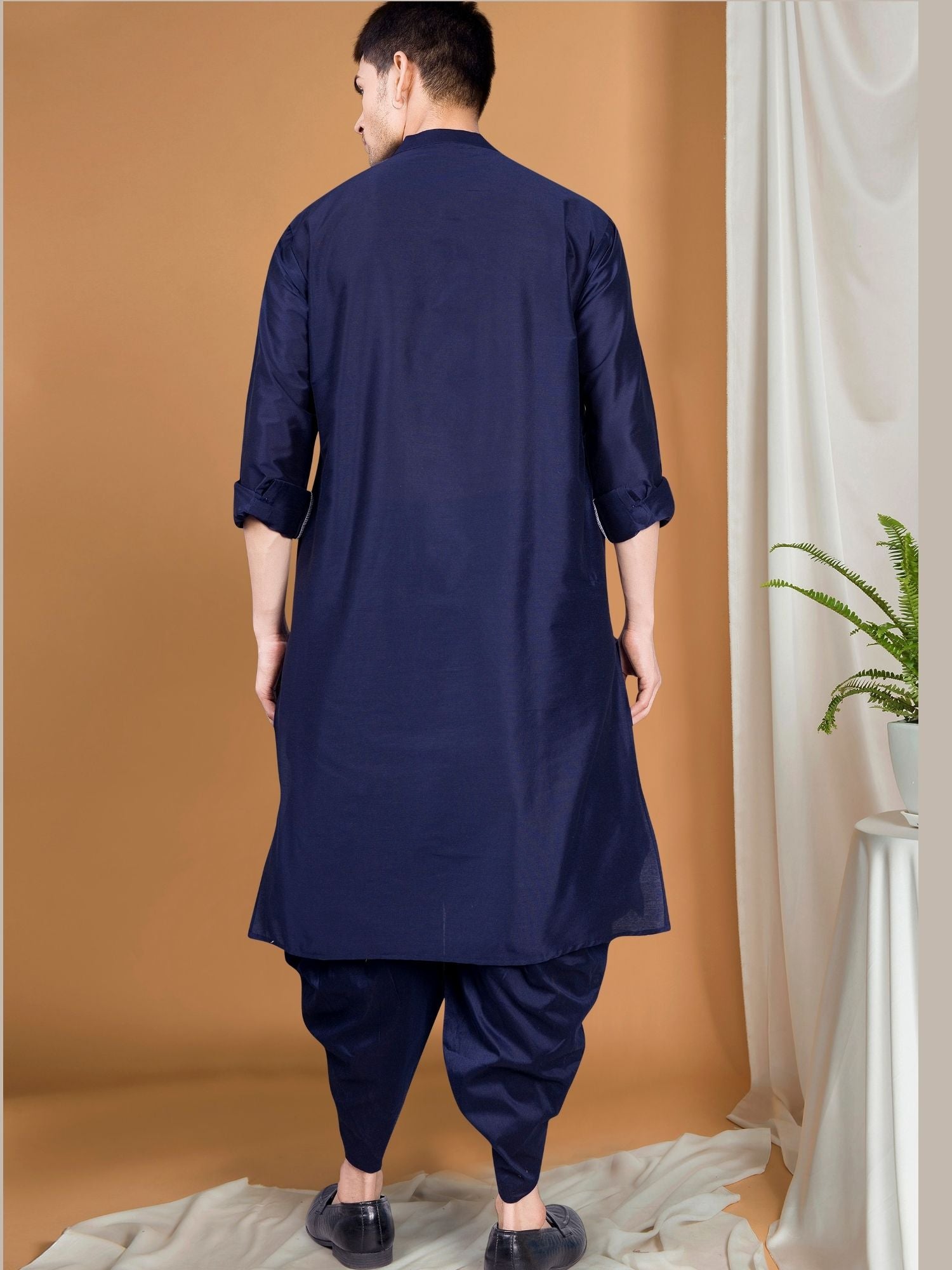 Navy Blue Solid Kurta Peshawari Set