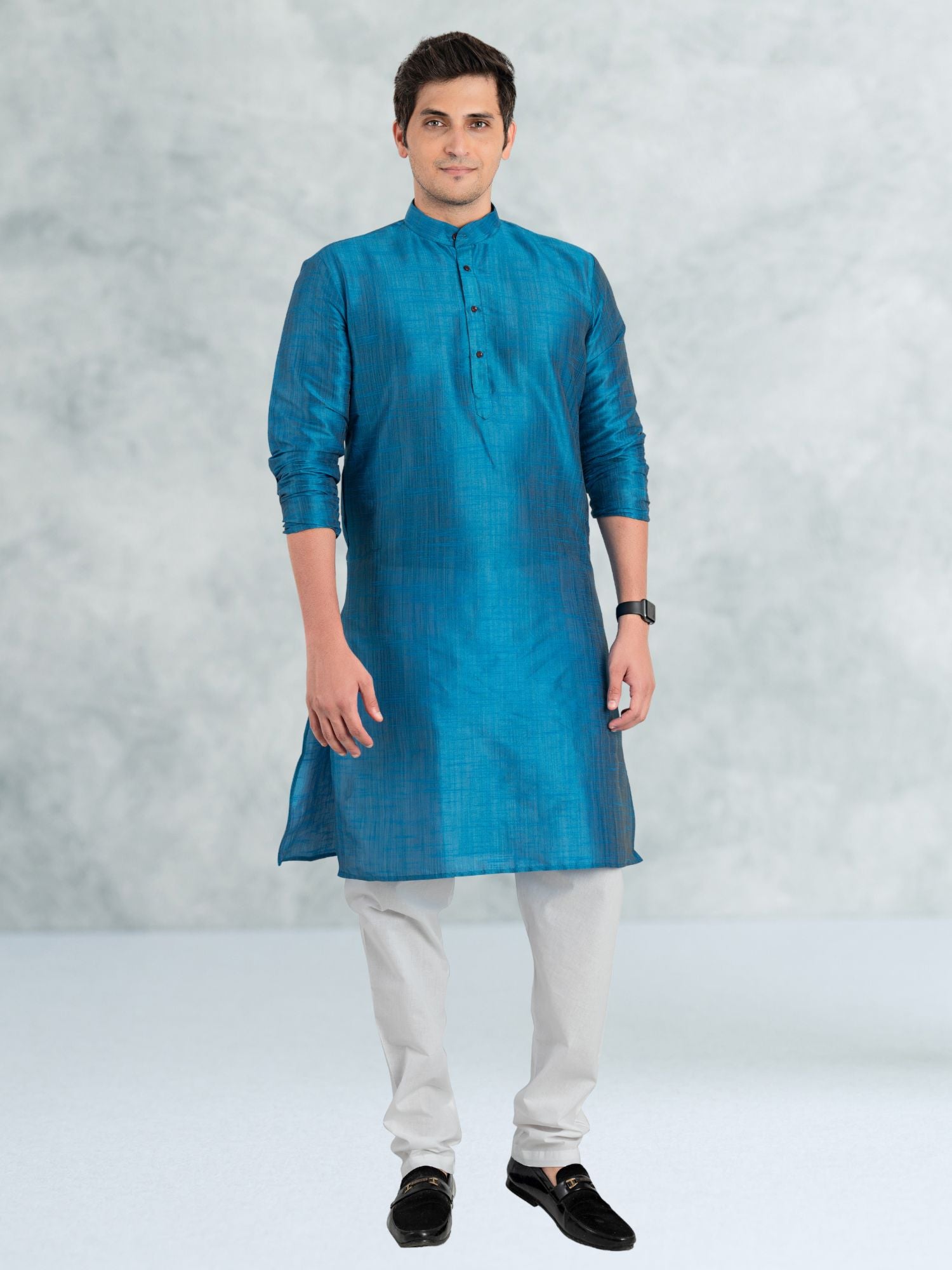 Azure Blue Solid Cotton-Silk Kurta