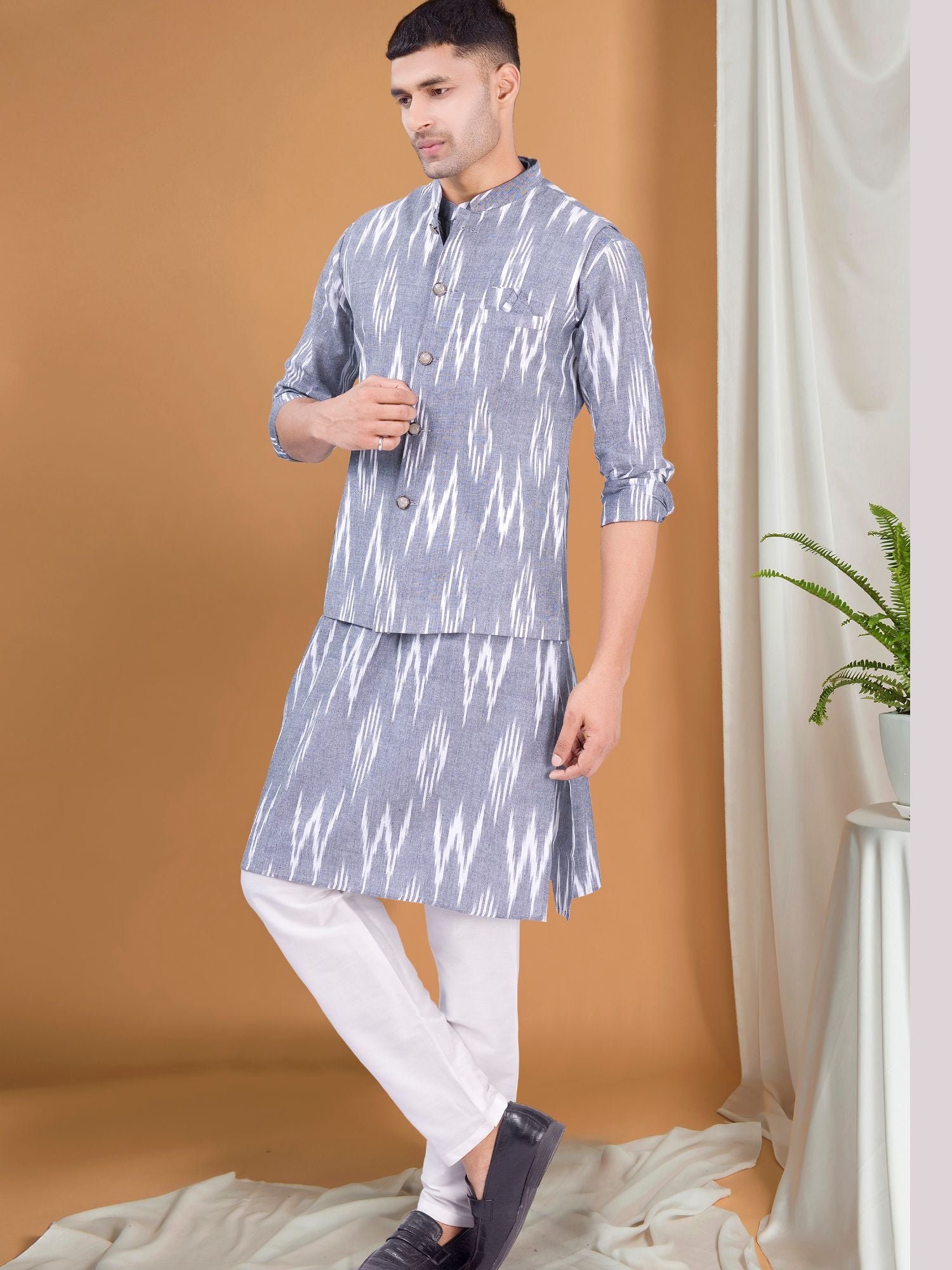 Shark Grey Ikat Print Kurta Pajama Set