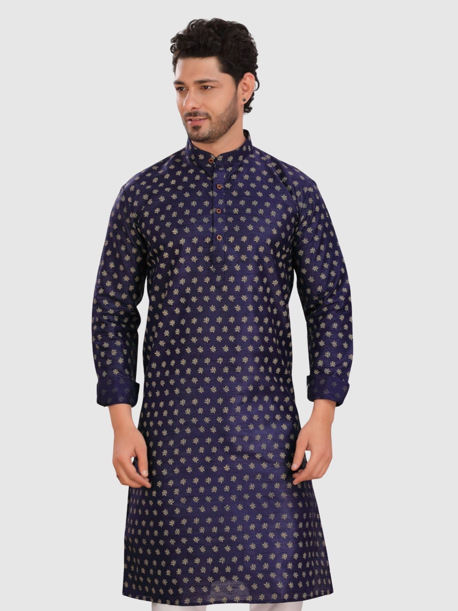 Indigo Blue Silk Printed Kurta and Matching Dhoti