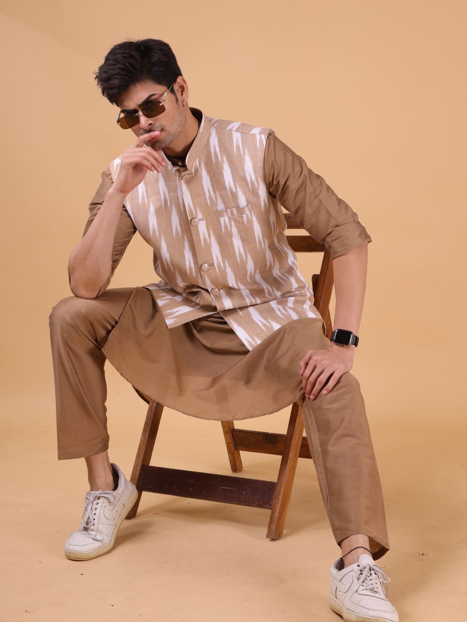 Cider Browm Solid Pattern Cotton Kurta Jacket Set