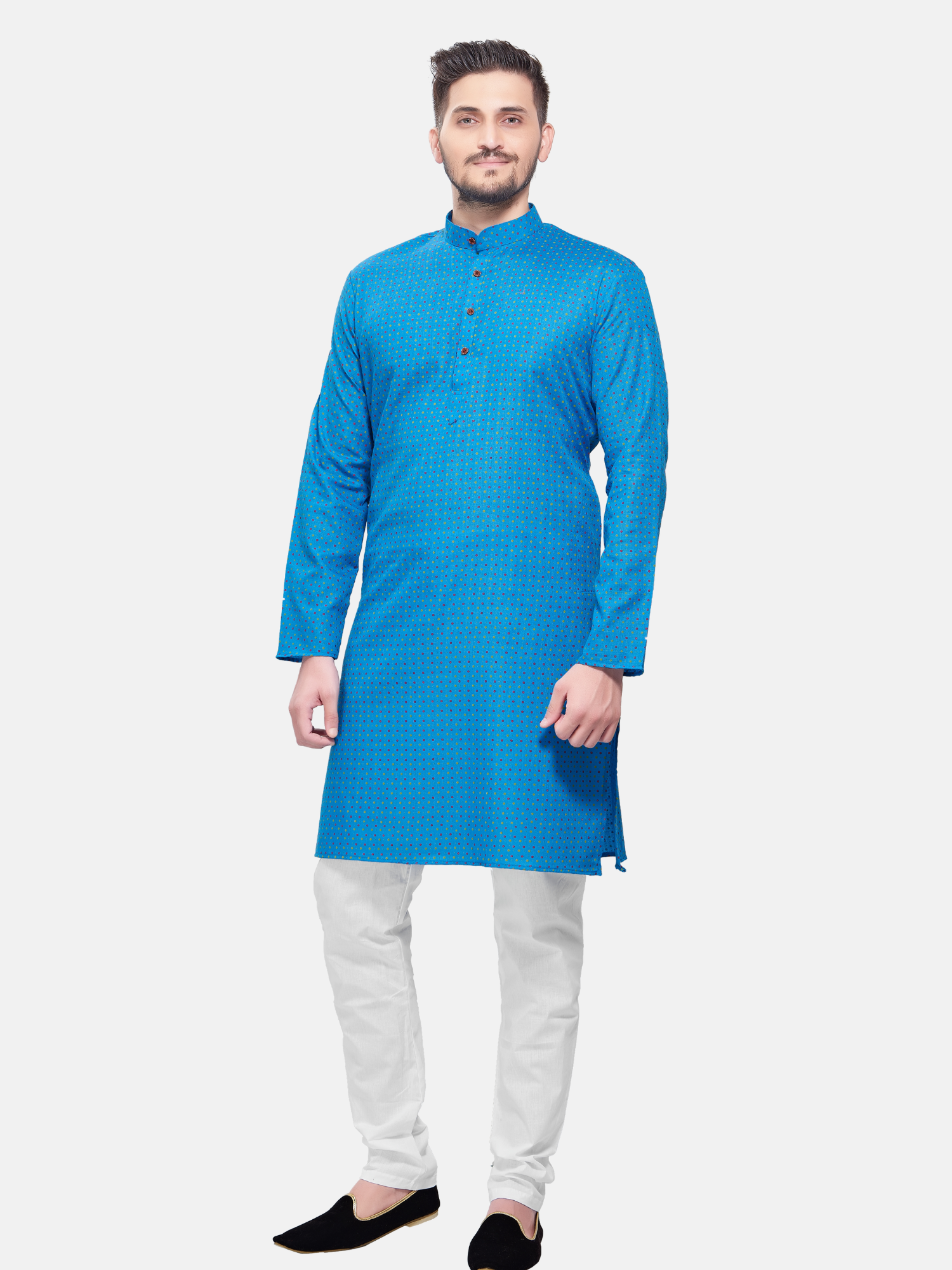 Azure Blue Dot Printed Cotton Kurta and Matching Dhoti