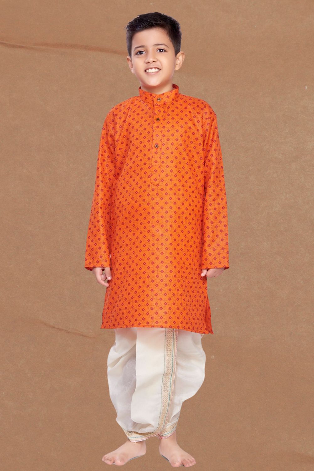Apricot Orange Printed Kurta Pitambari Dhoti Suit