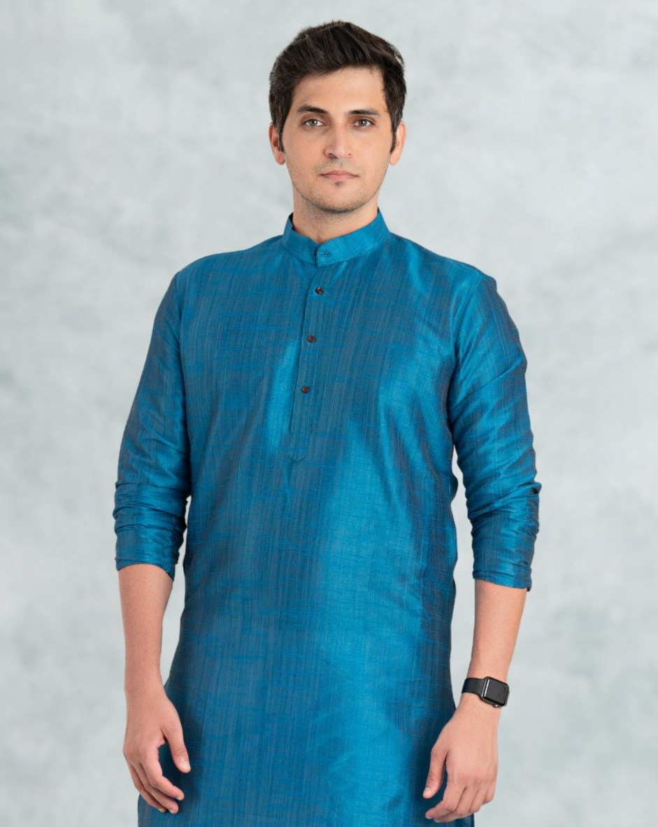 Azure Blue Solid Cotton-Silk Kurta