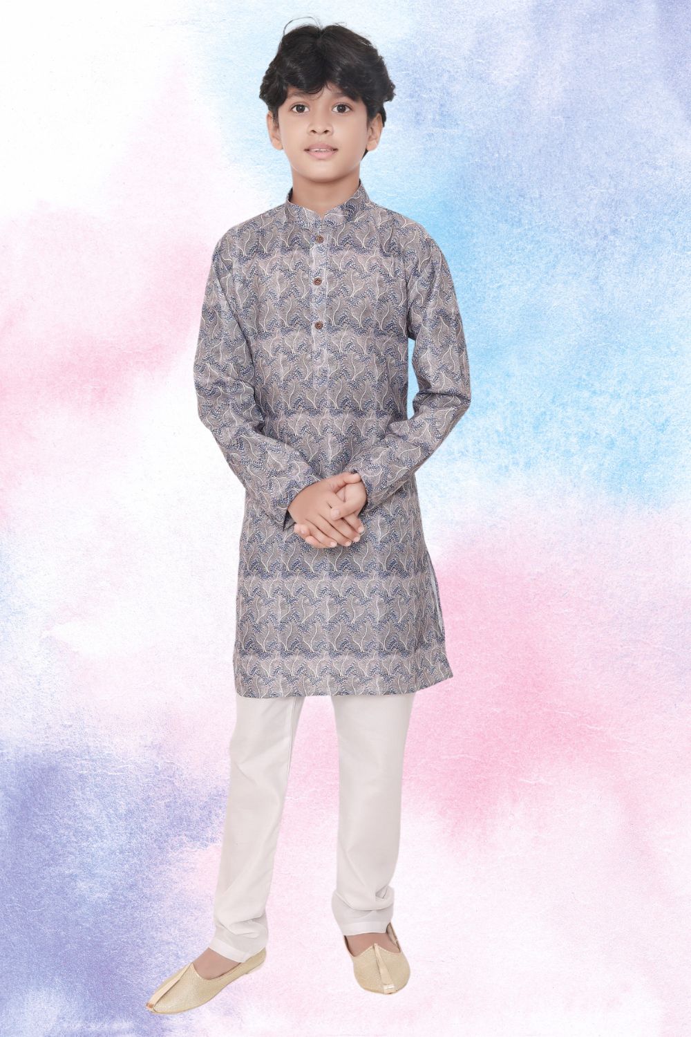Metal Grey Indi Print Cotton Kurta Pajama Suit