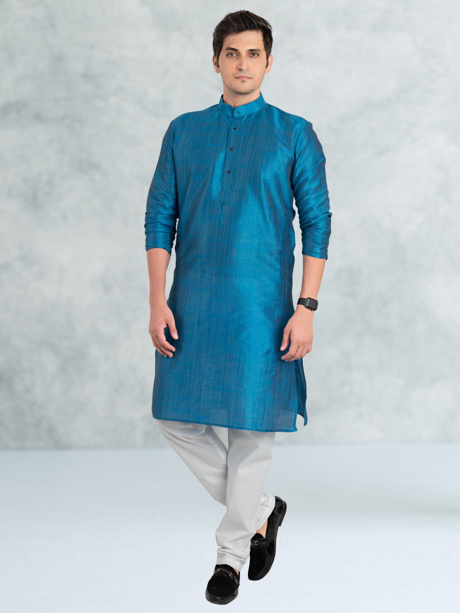 Azure Blue Solid Cotton-Silk Kurta