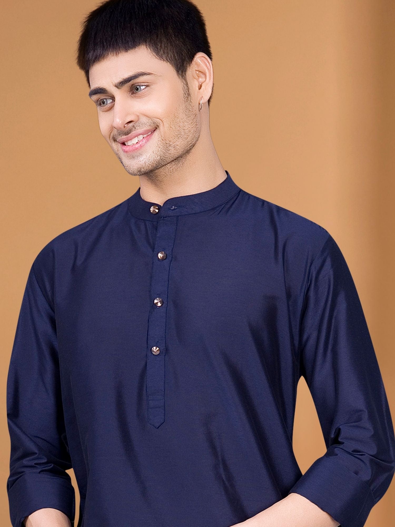 Navy Blue Solid Kurta Peshawari Set