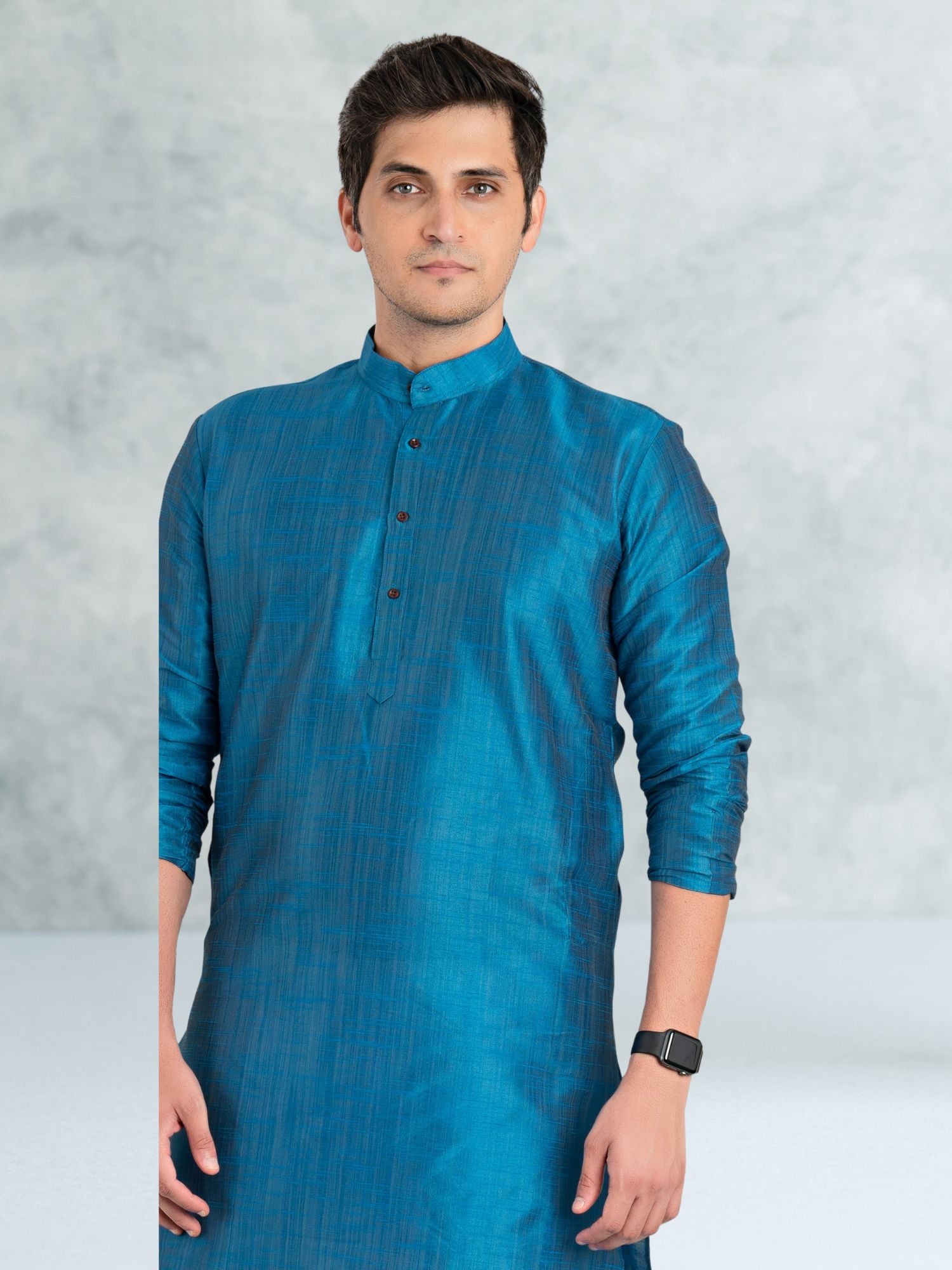 Azure Blue Solid Cotton-Silk Kurta