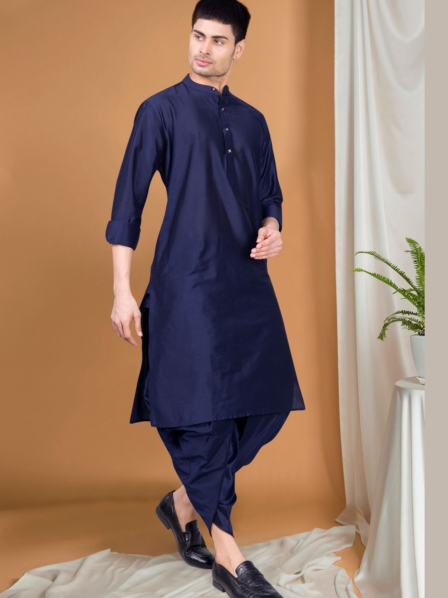 Navy Blue Solid Kurta Peshawari Set
