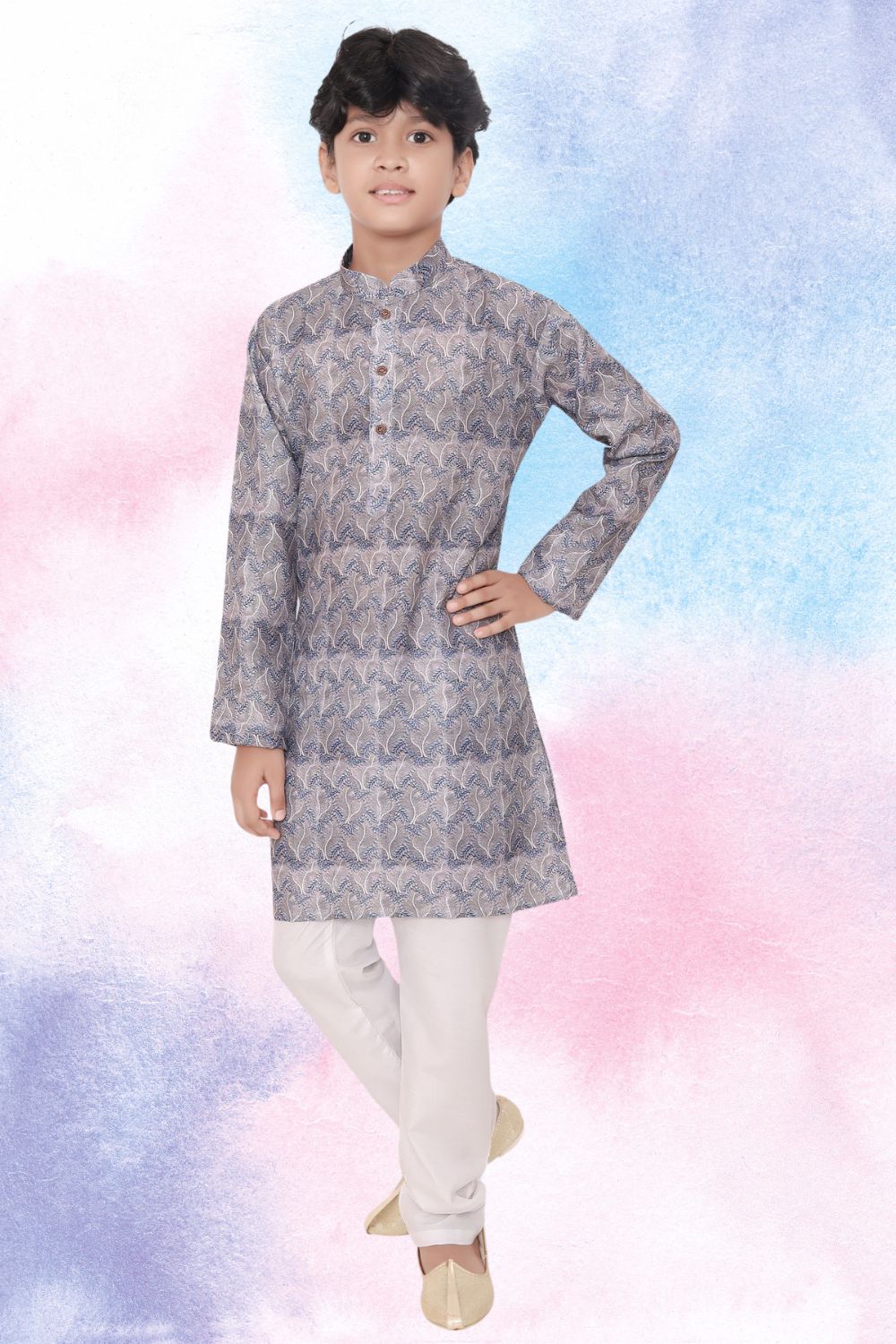 Metal Grey Indi Print Cotton Kurta Pajama Suit