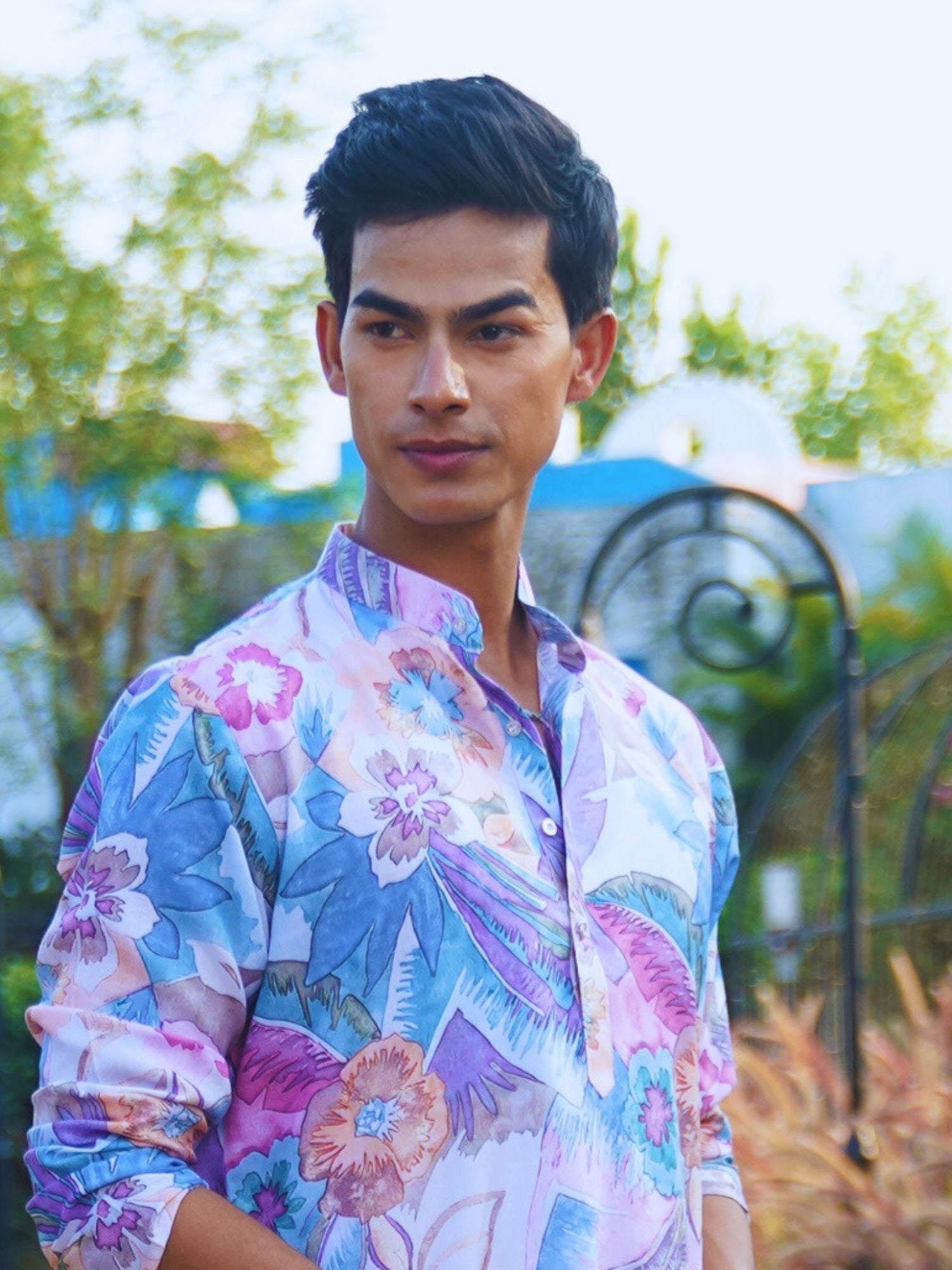 Azure Blue Floral Printed Cotton Kurta