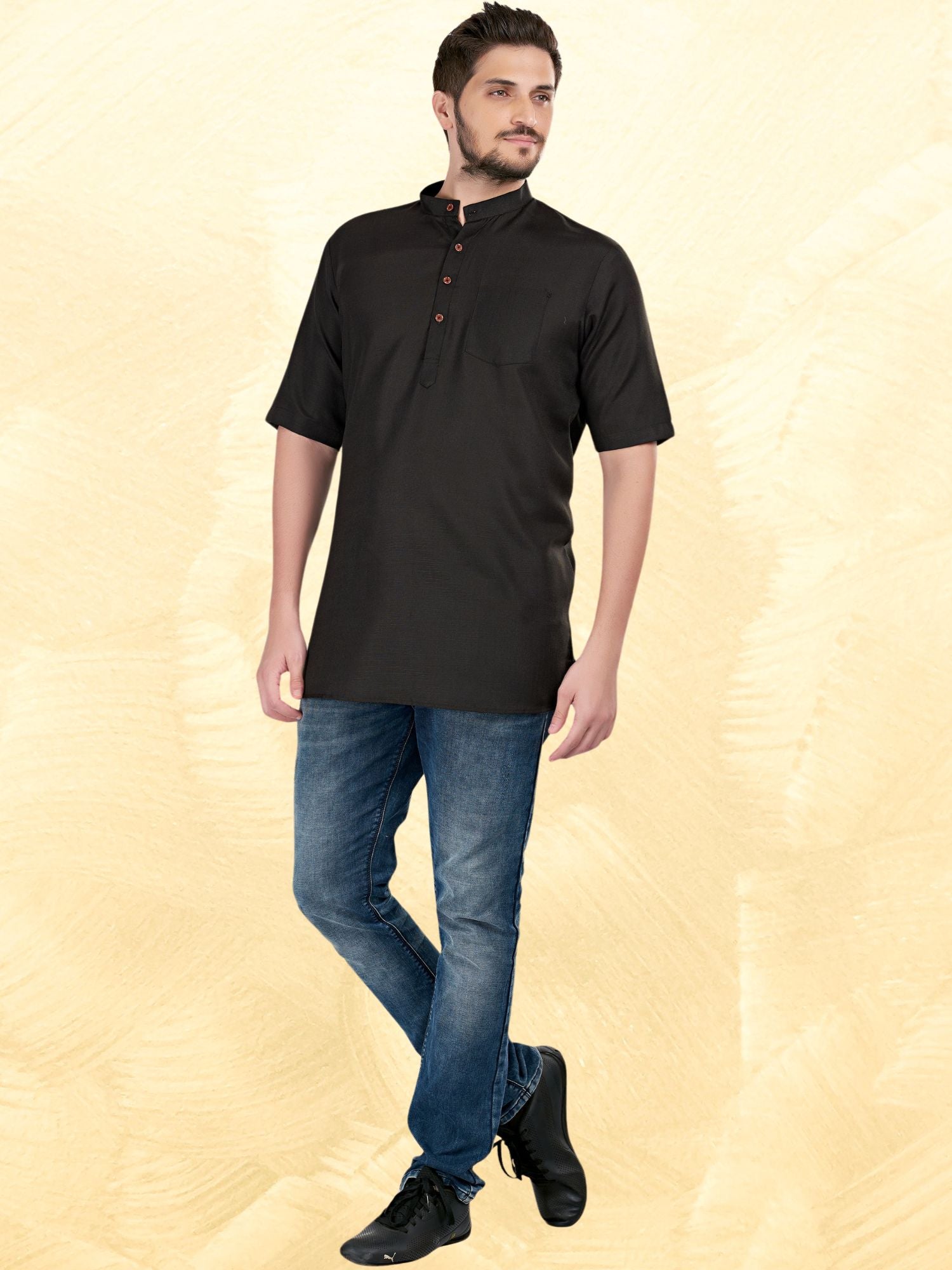 Jade Black Solid Short Sleeves Casual Short Kurta