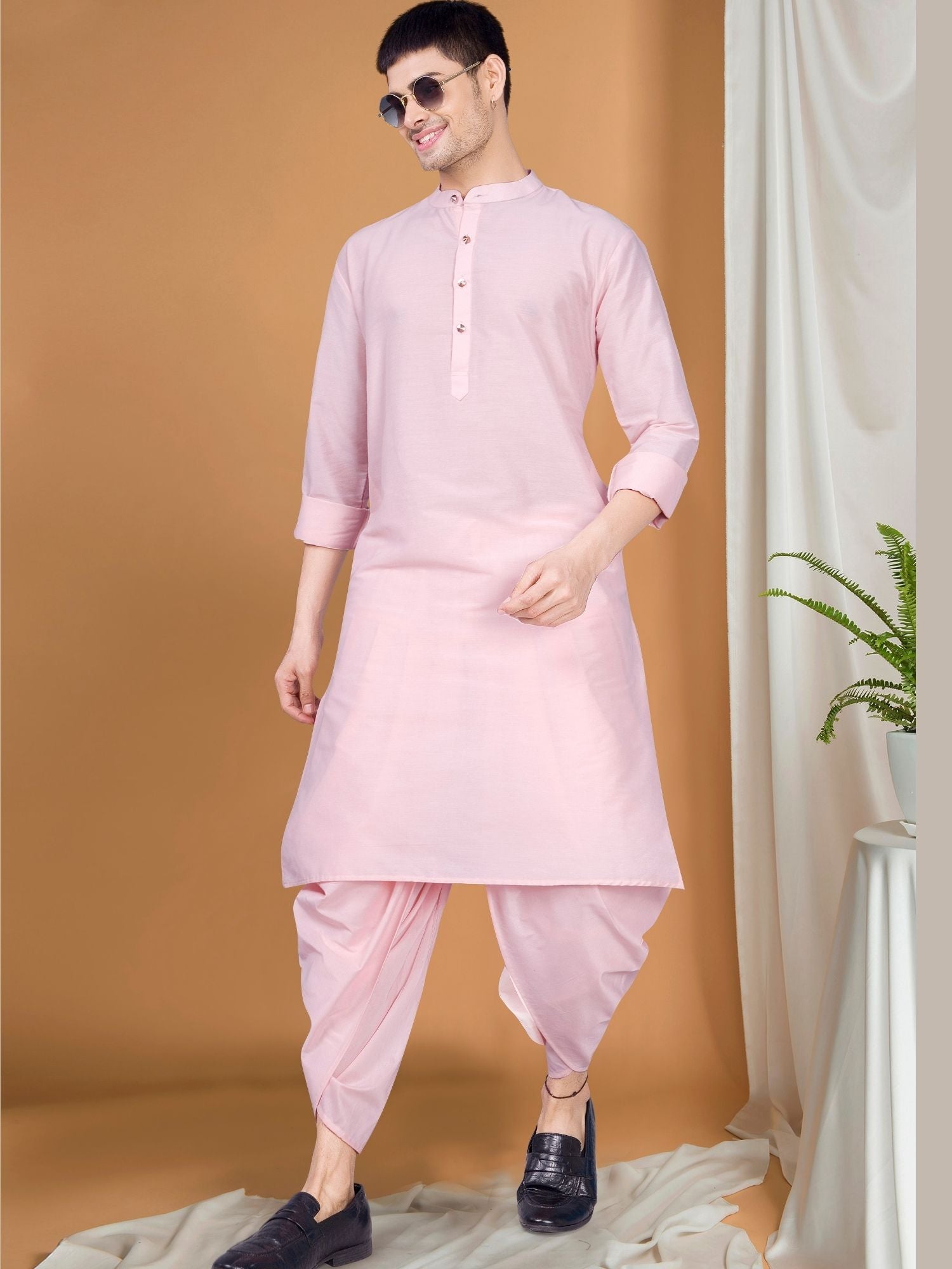Parsion Pink Solid Kurta Peshawari Set
