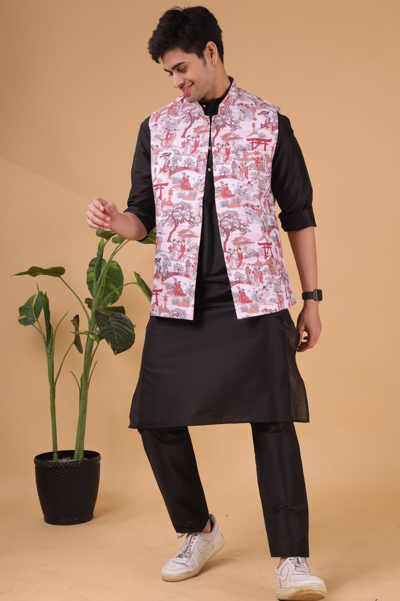 Cider Brown Tropical Paradise Cotton Nehru Jacket