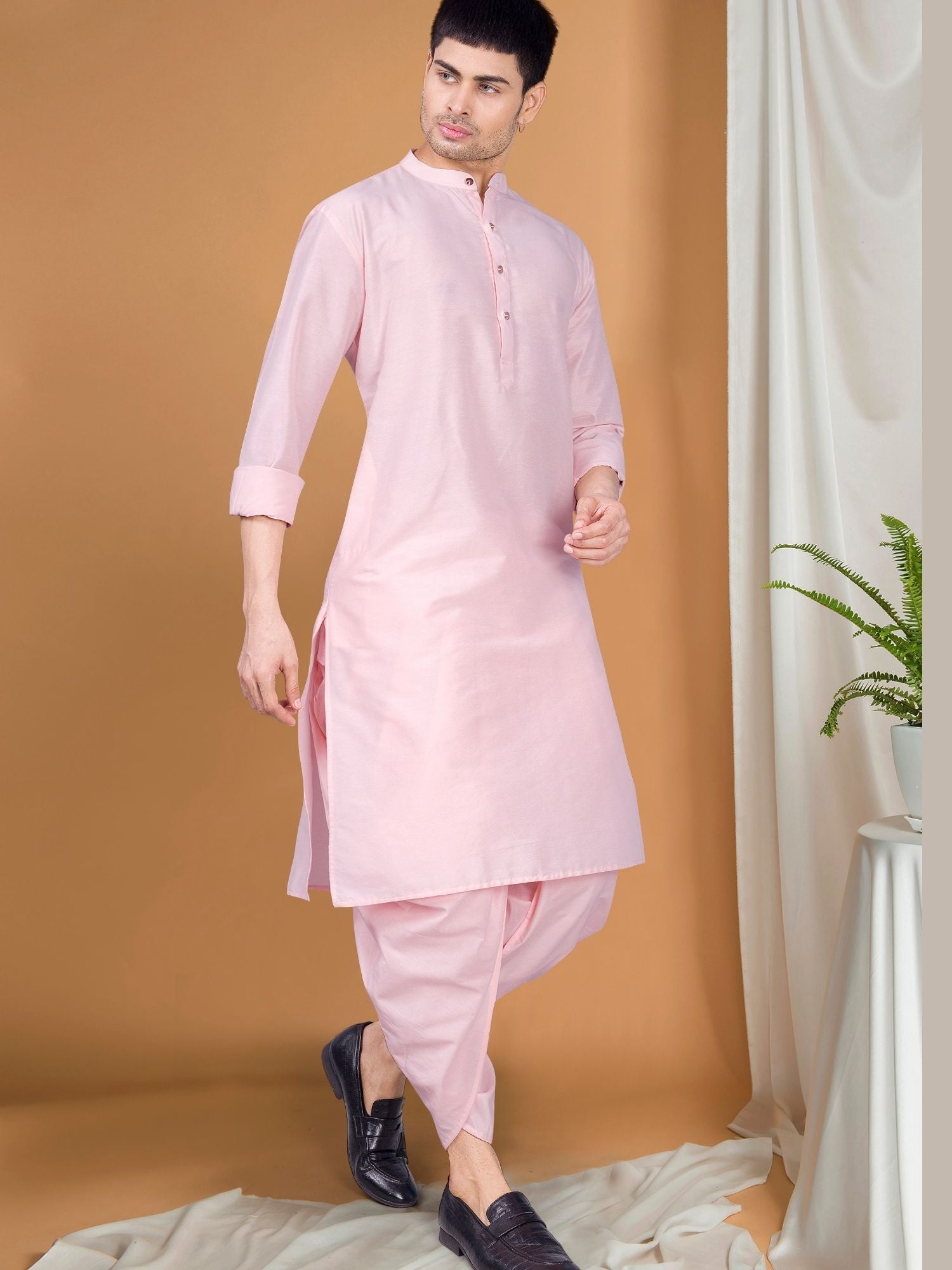 Parsion Pink Solid Kurta Peshawari Set
