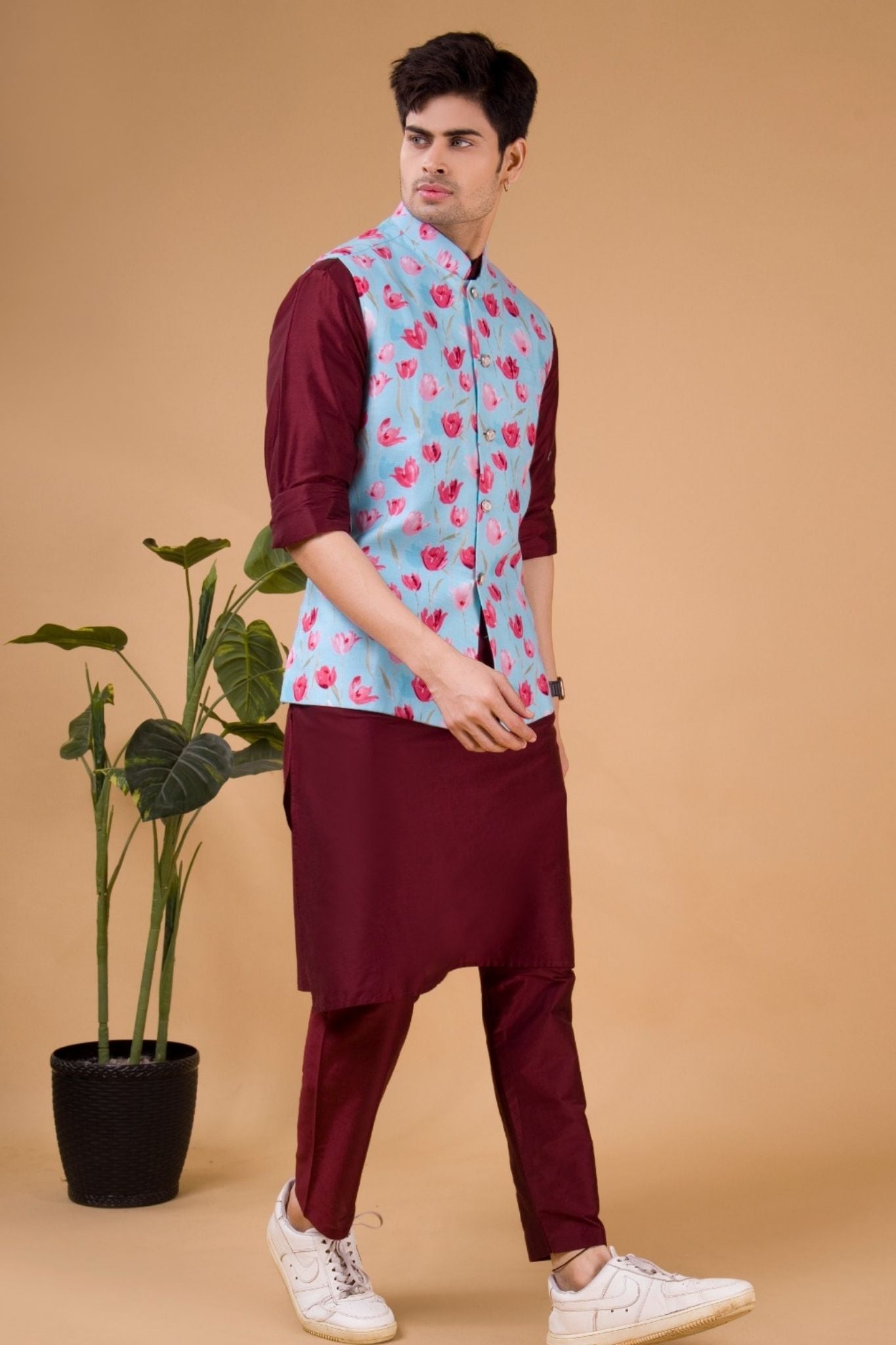 Light Blue Tropical Paradise Linen Cotton Nehru Jacket