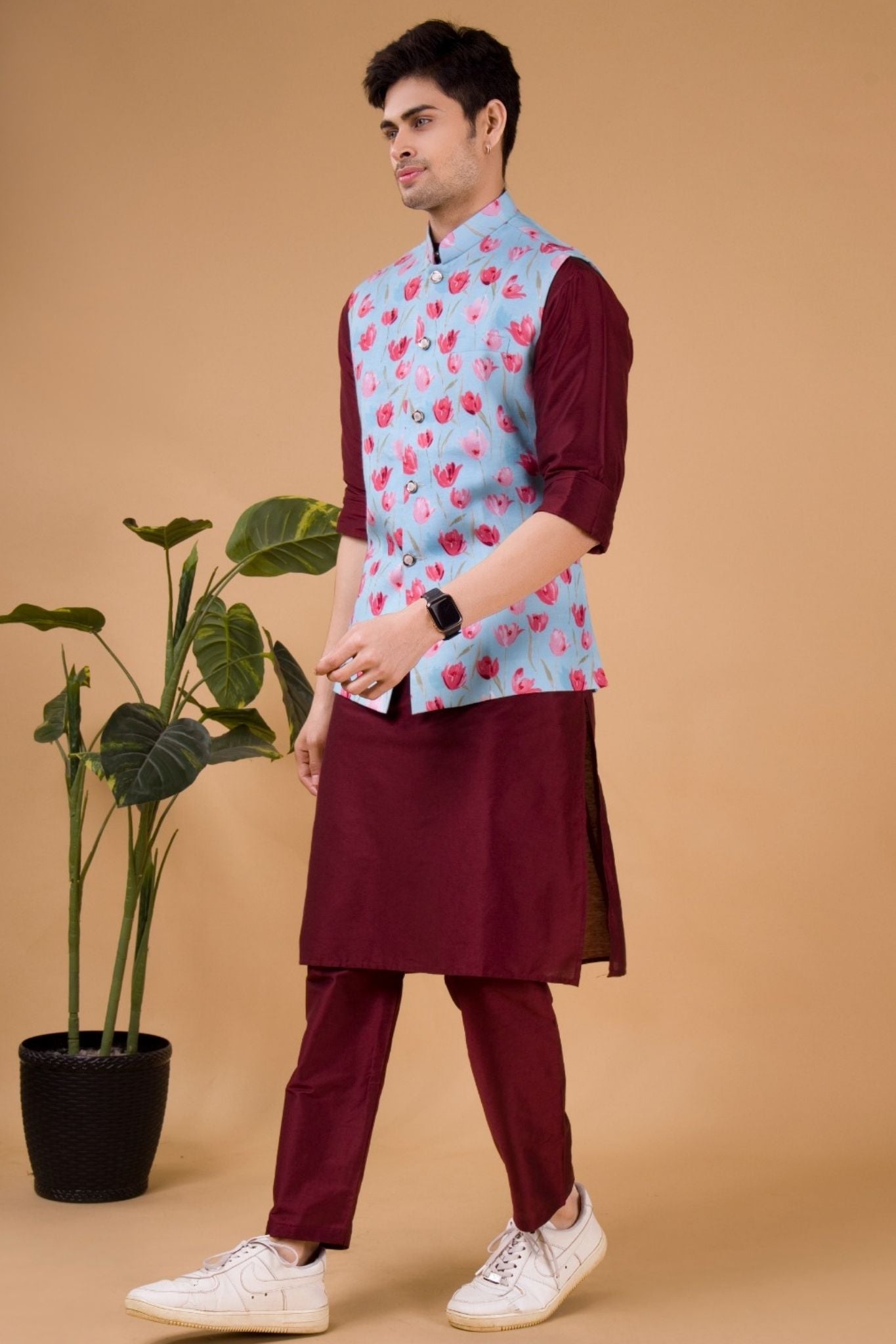 Light Blue Tropical Paradise Linen Cotton Nehru Jacket