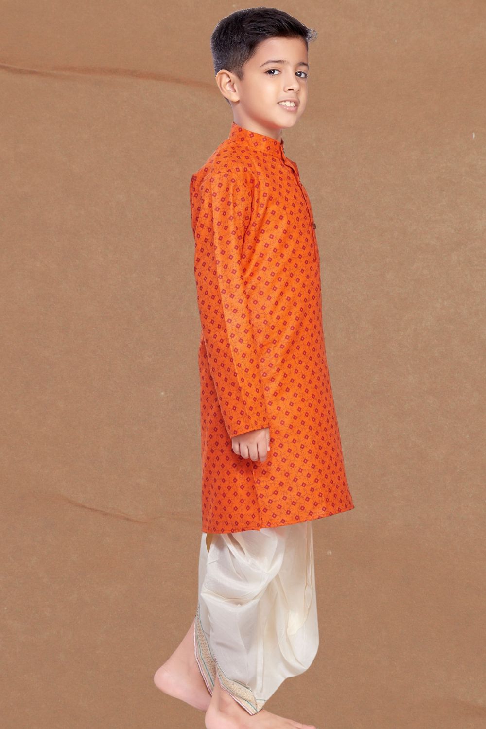 Apricot Orange Printed Kurta Pitambari Dhoti Suit