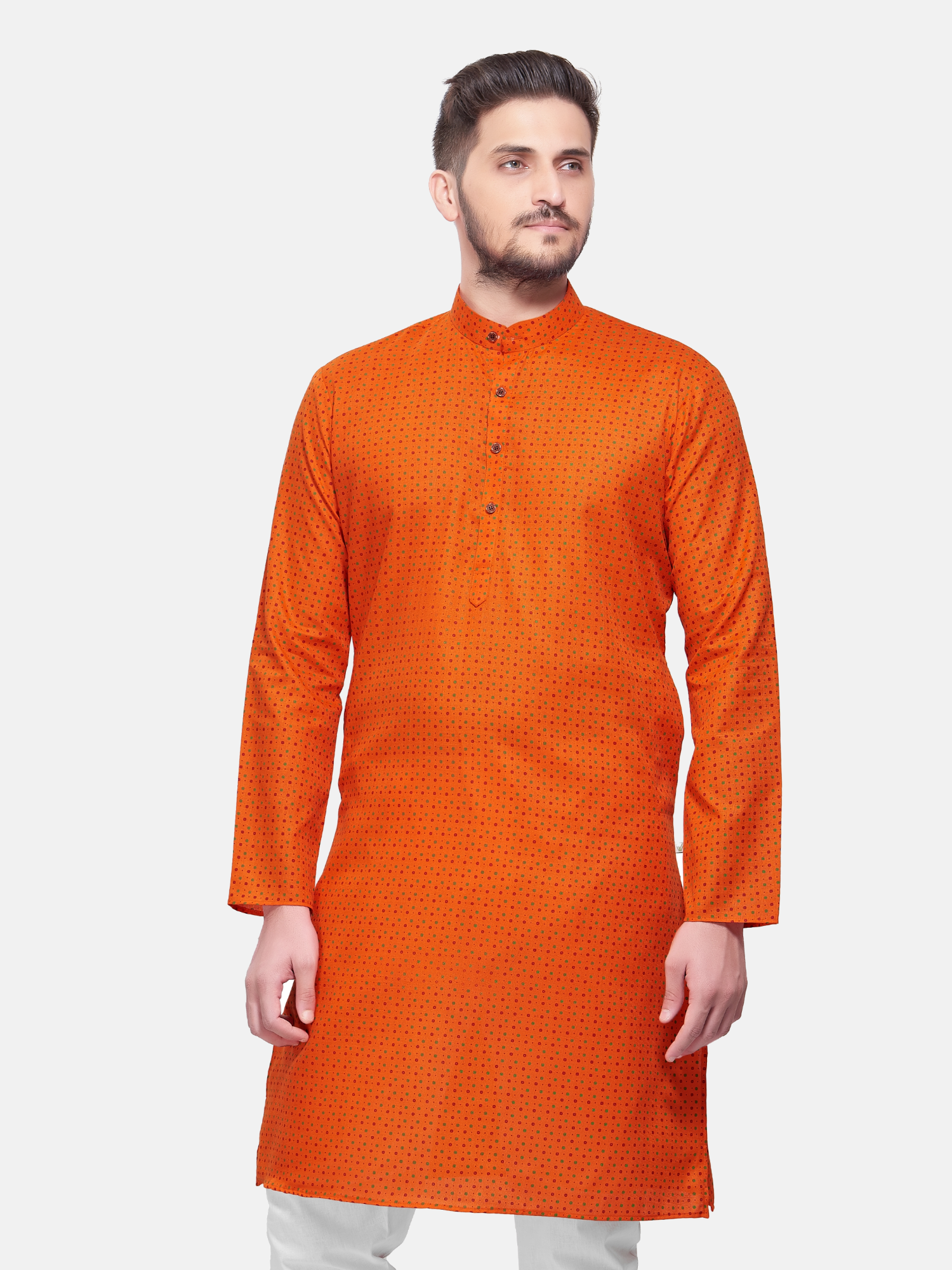 Apricot Orange Dot Printed Cotton Kurta and Matching Dhoti