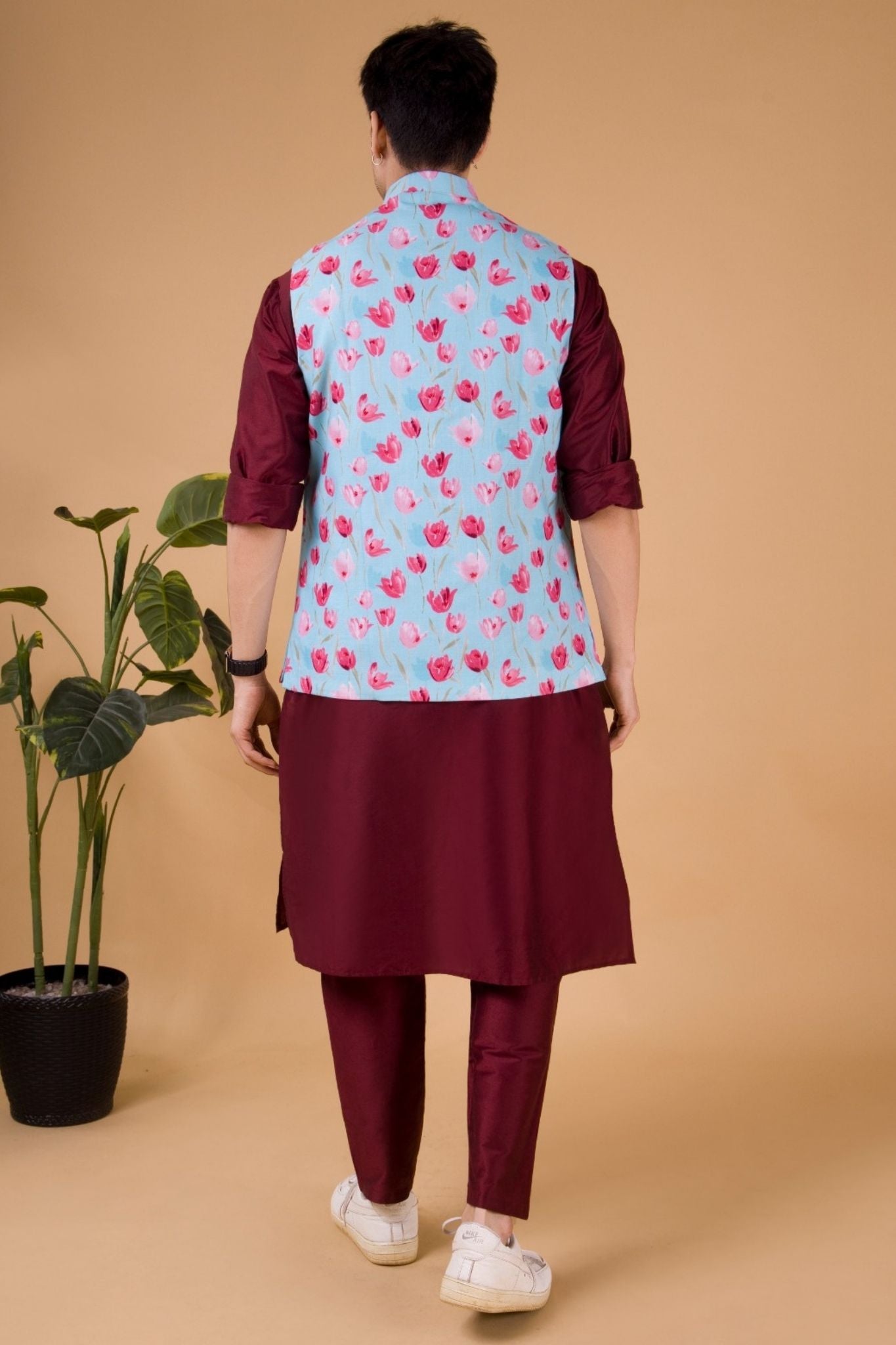 Light Blue Tropical Paradise Linen Cotton Nehru Jacket