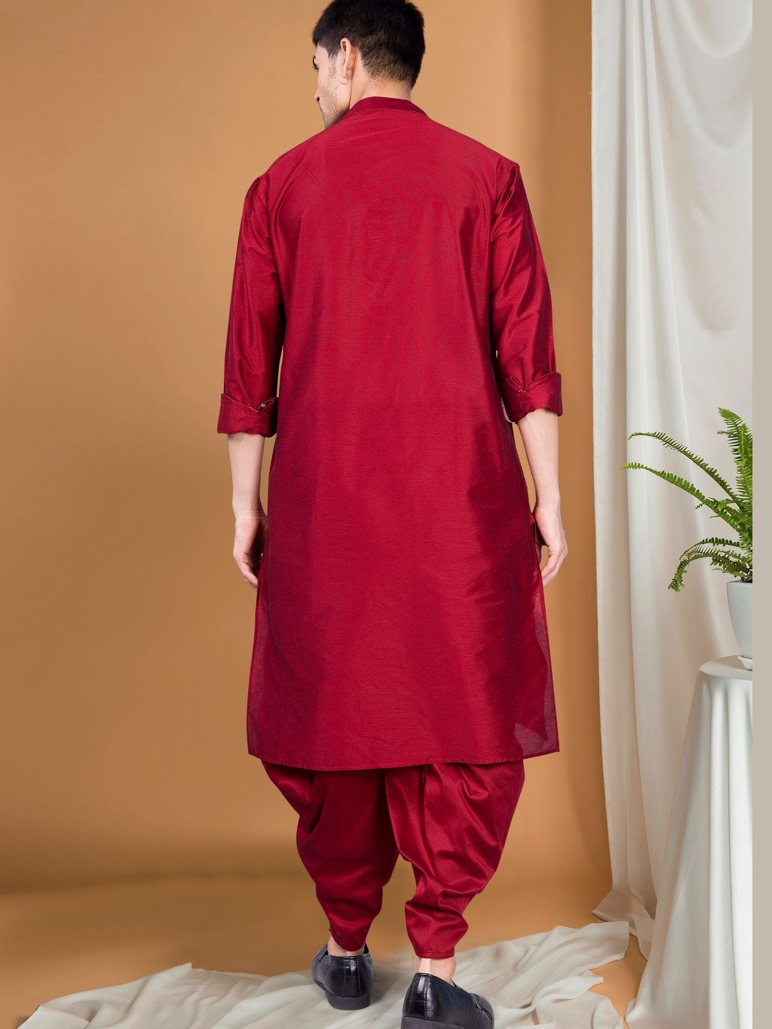 Red Solid Kurta Peshawari Set