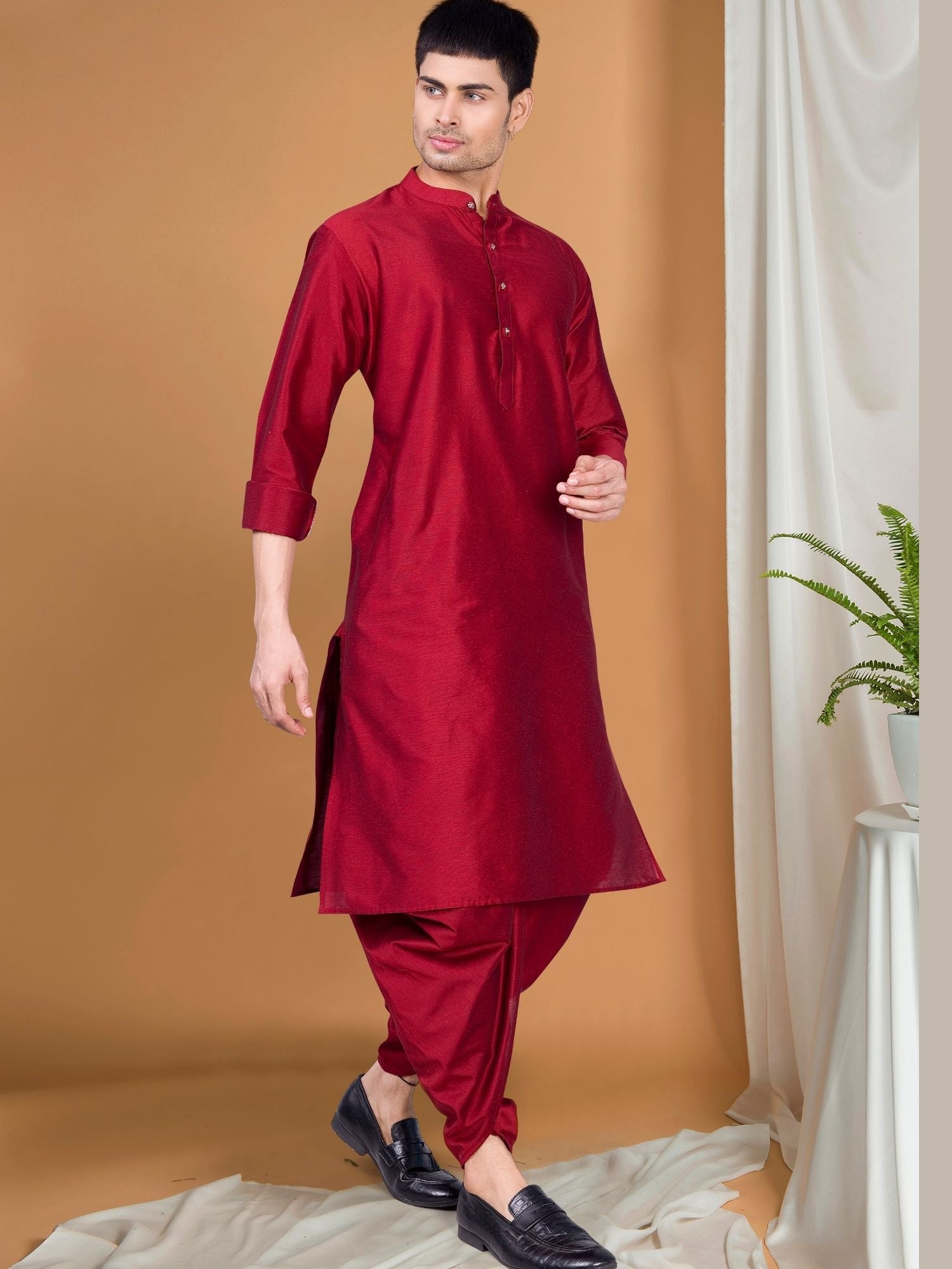 Red Solid Kurta Peshawari Set