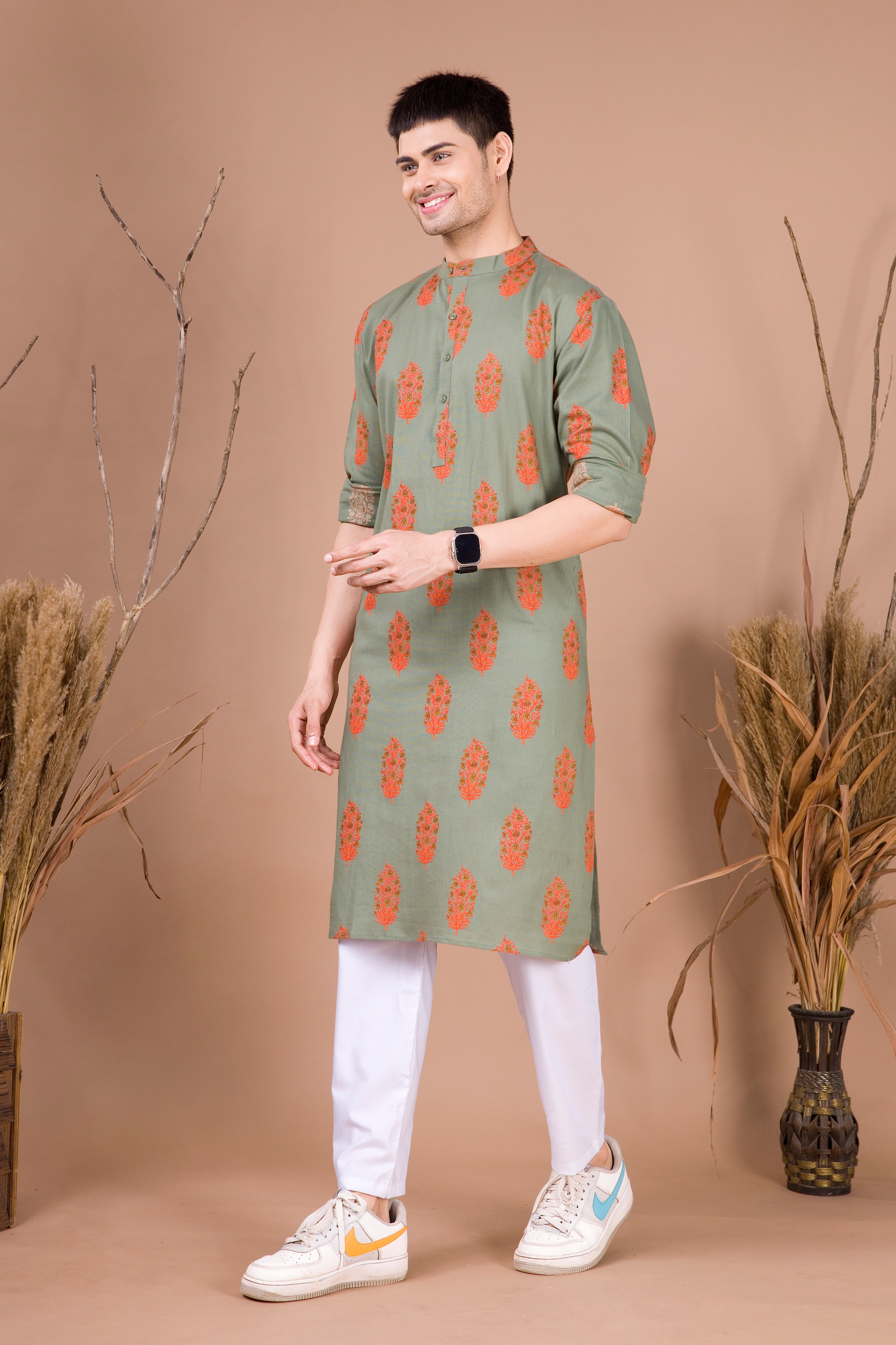 Tropical Green Printed Cotton Kurta Top