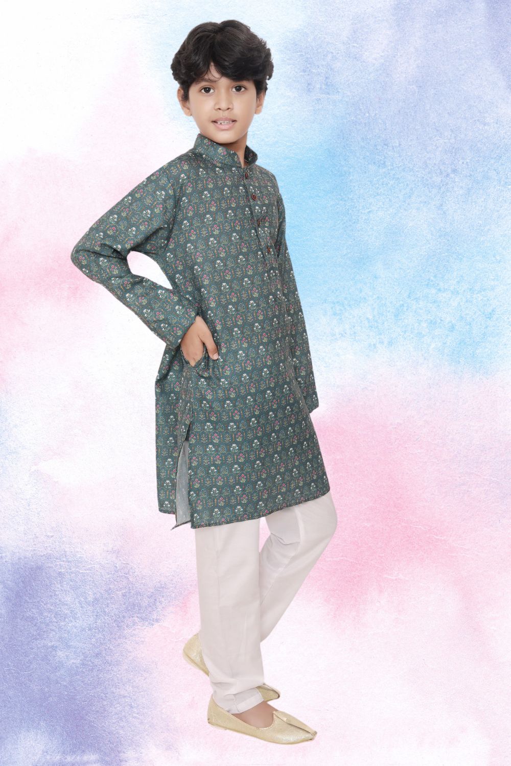 Tropical Green Indi Print Cotton Kurta Pajama Suit
