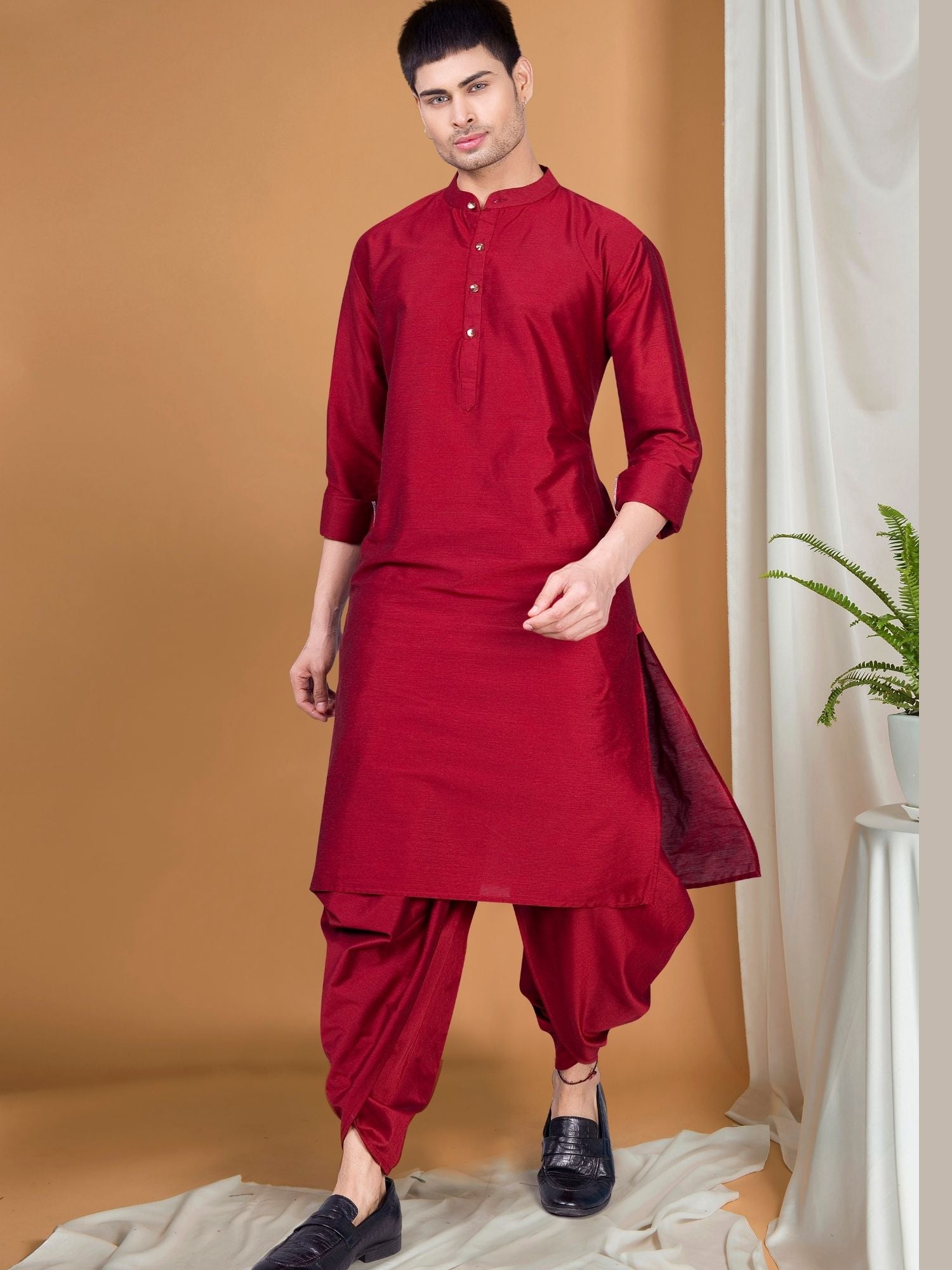 Red Solid Kurta Peshawari Set