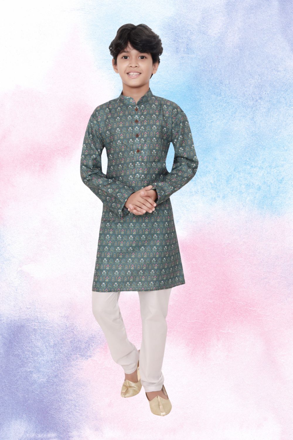 Tropical Green Indi Print Cotton Kurta Pajama Suit