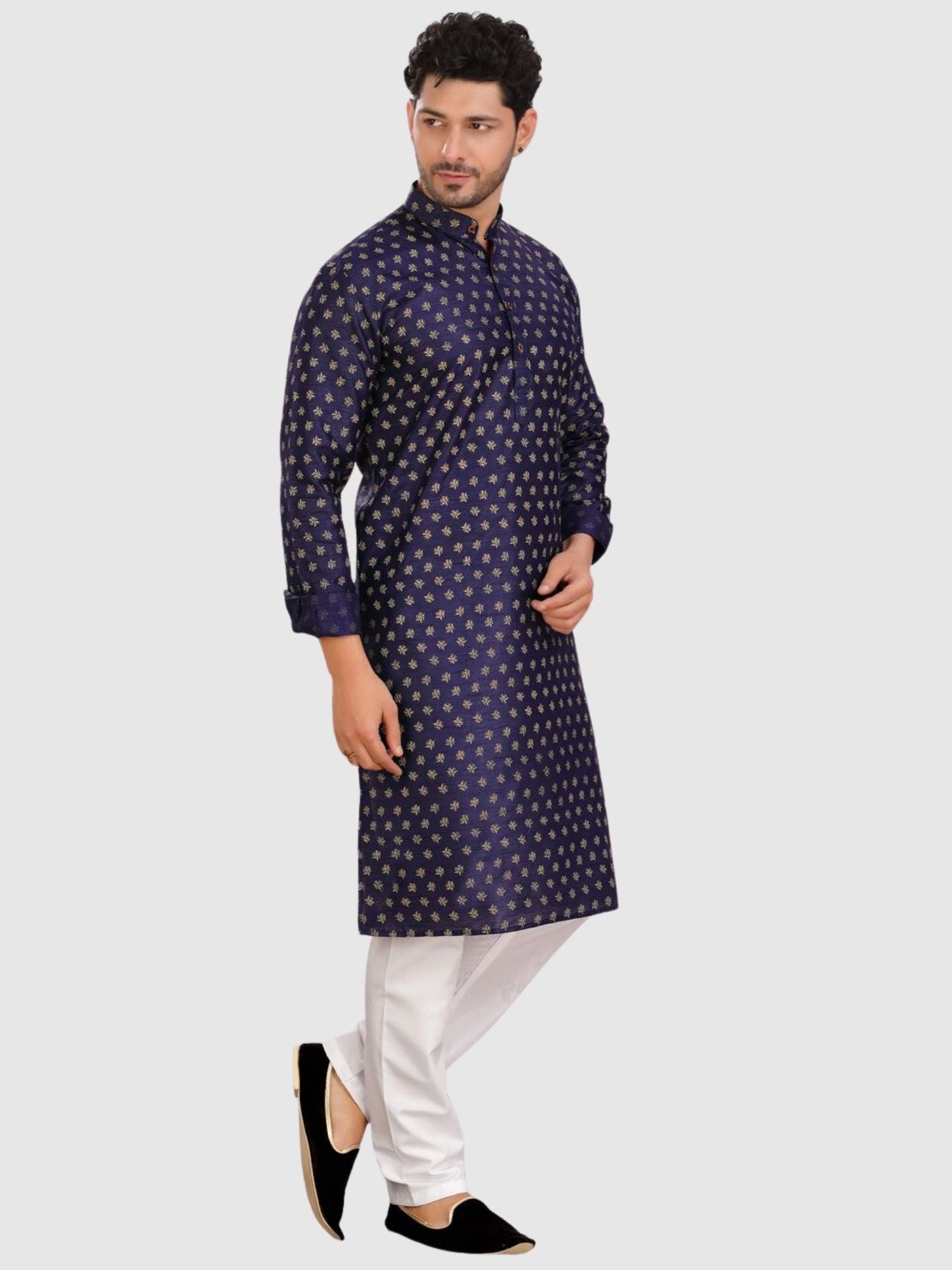 Indigo Blue Silk Printed Kurta and Matching Dhoti