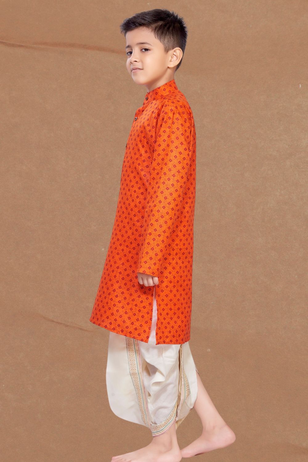Apricot Orange Printed Kurta Pitambari Dhoti Suit