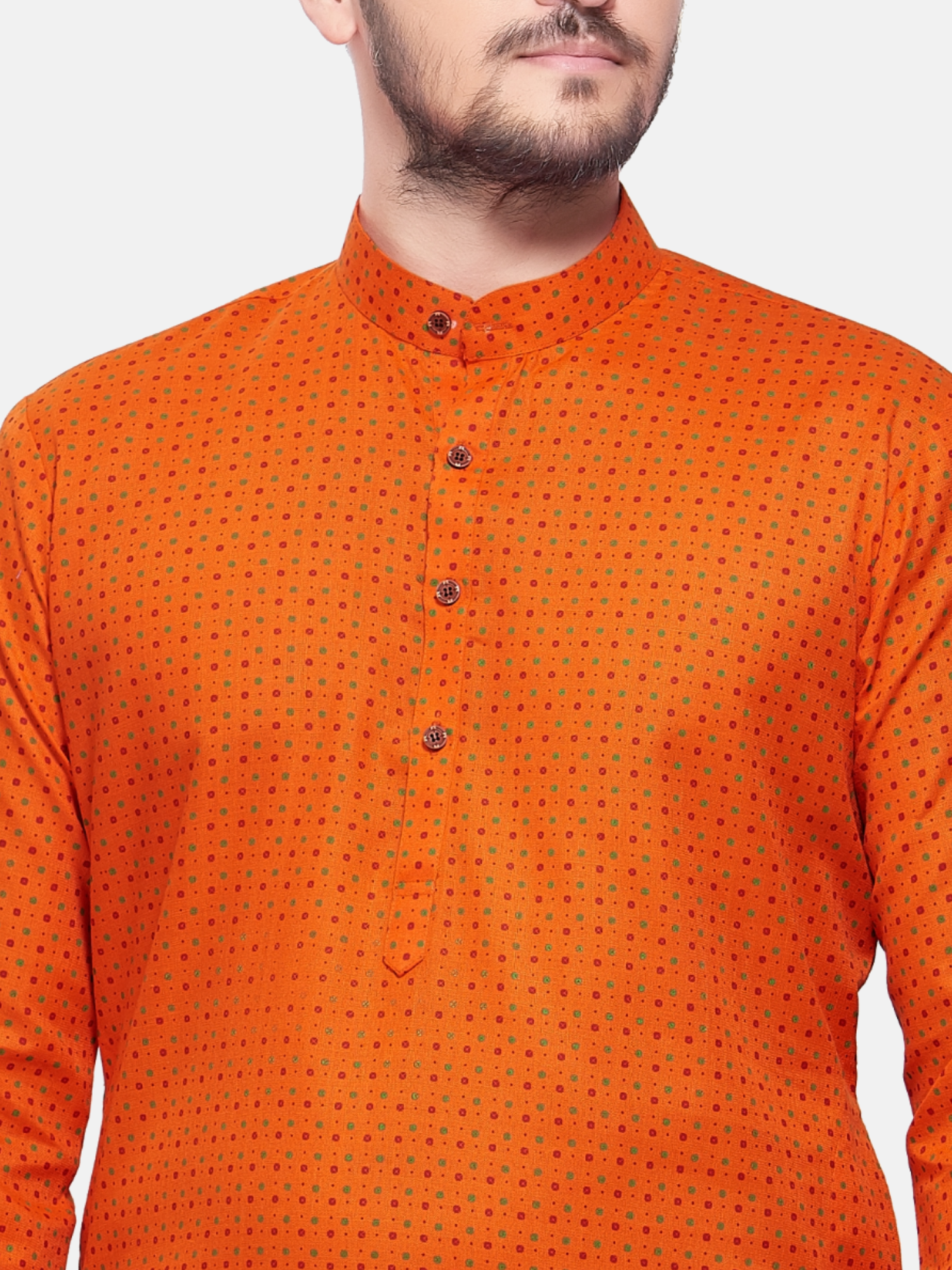 Apricot Orange Dot Printed Cotton Kurta and Matching Dhoti
