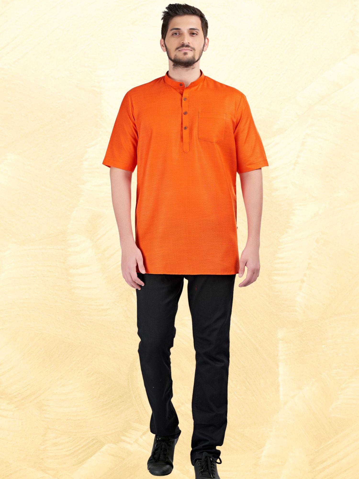 Apricot Orange Solid Short Sleeves Casual Short Kurta