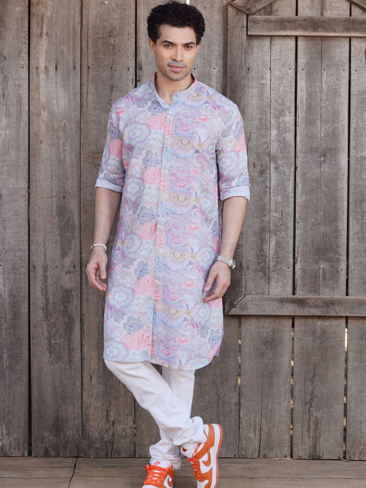 Tropical Green Floral Printed Cotton Kurta Pajama Set