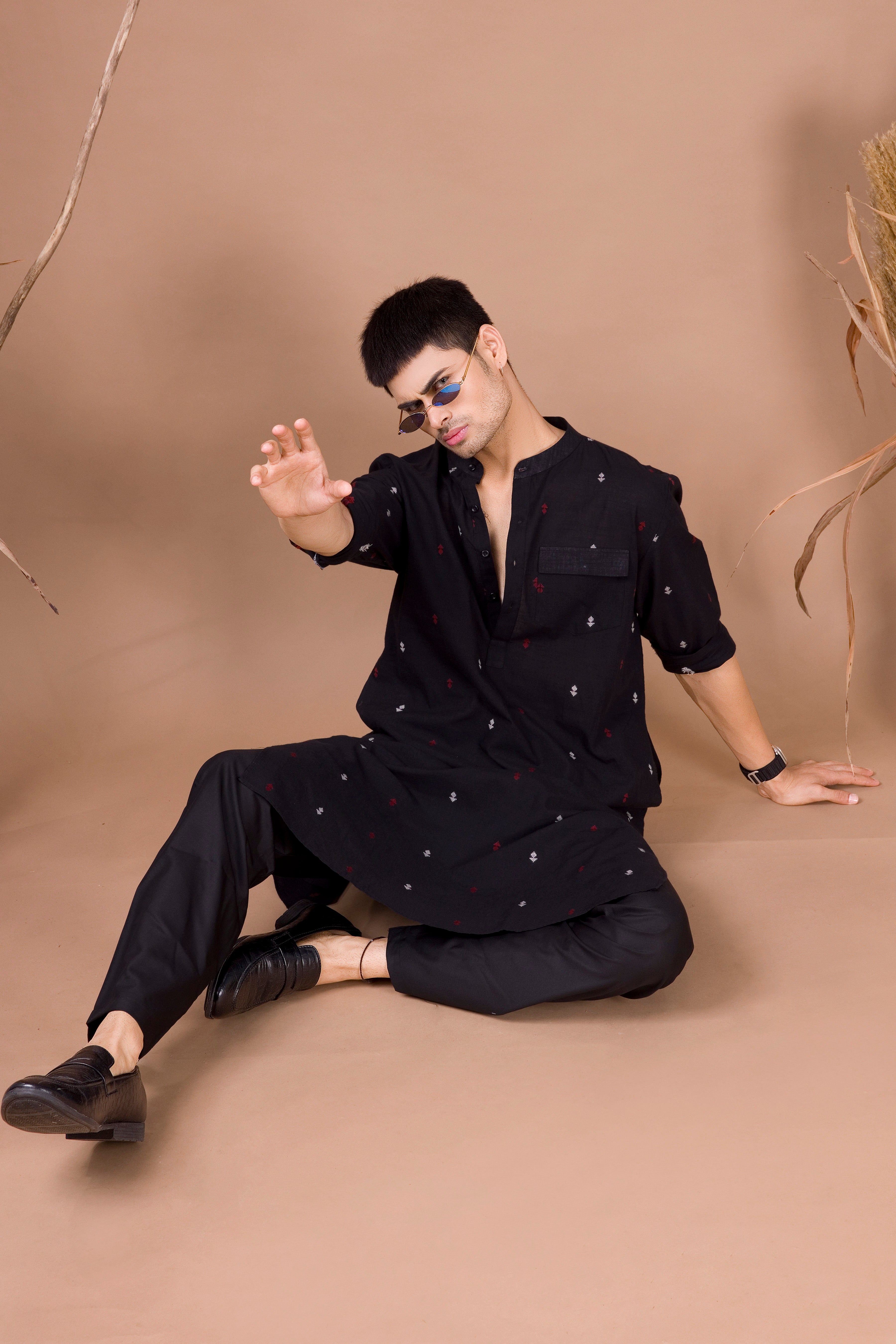 Jade Black Printed Cotton Kurta Top