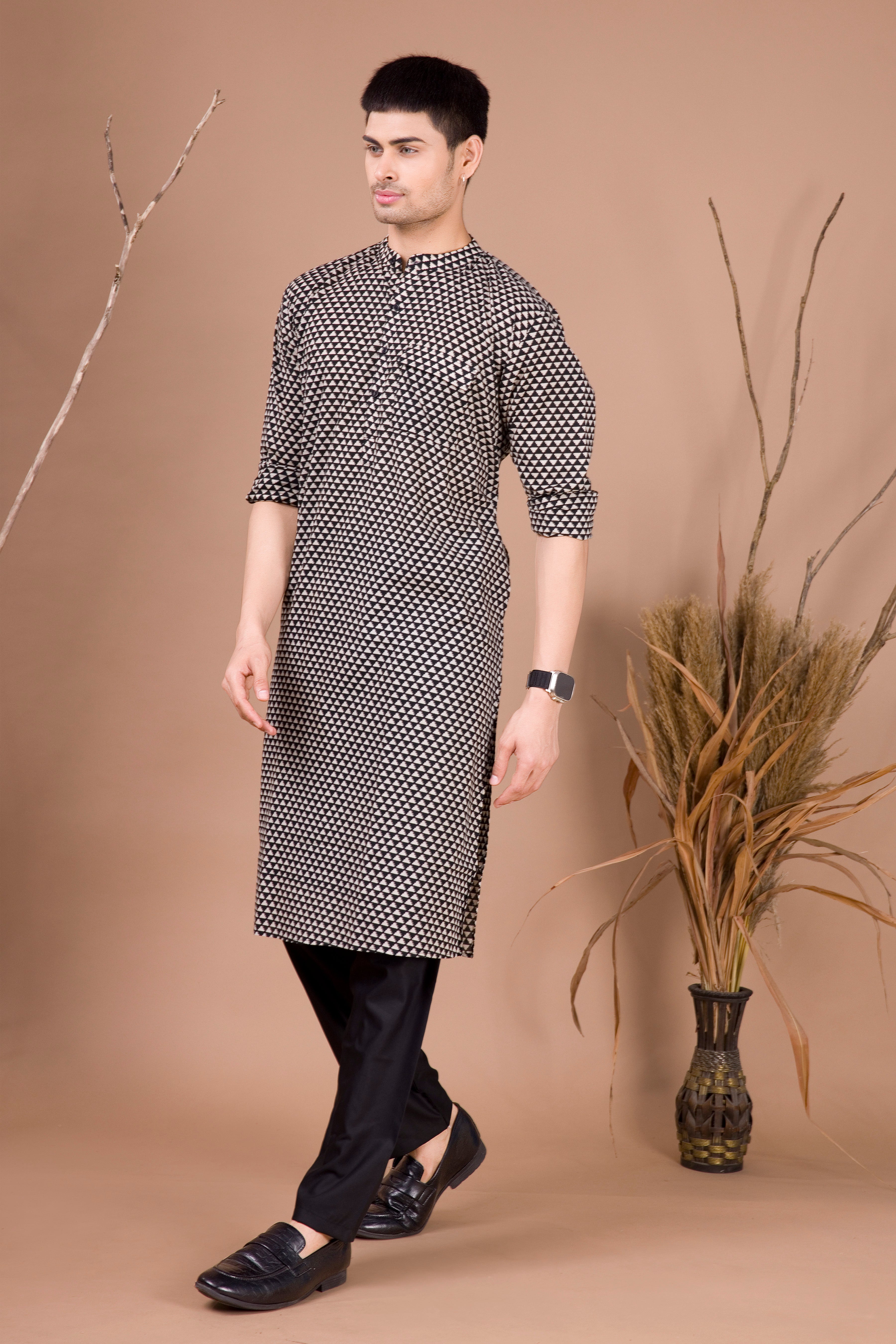 Jade Black & White Printed Cotton Kurta