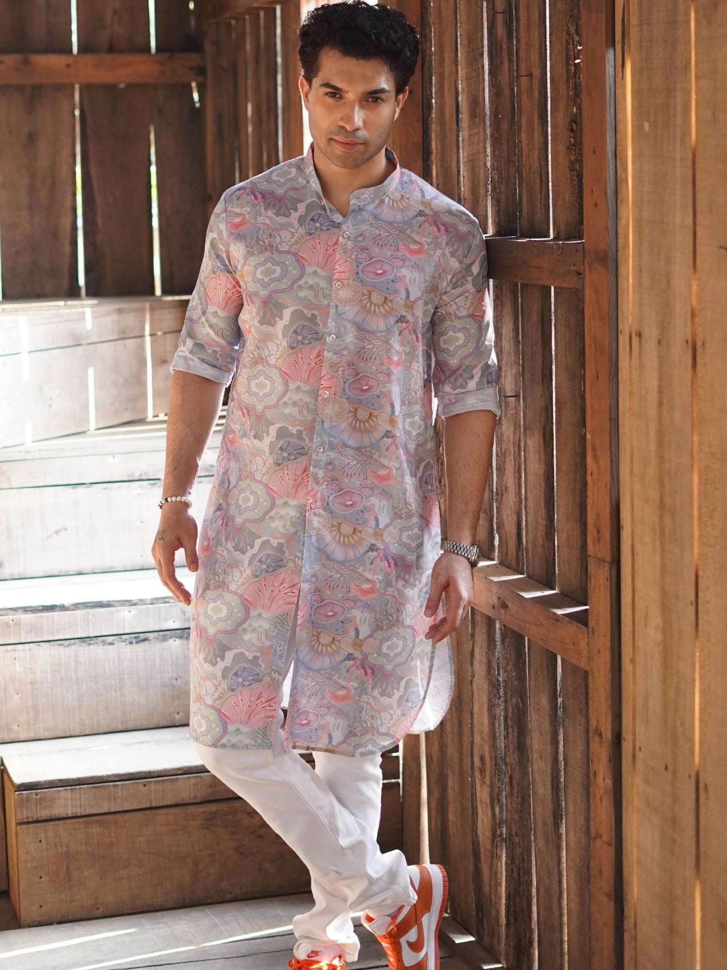 Tropical Green Floral Printed Cotton Kurta Pajama Set