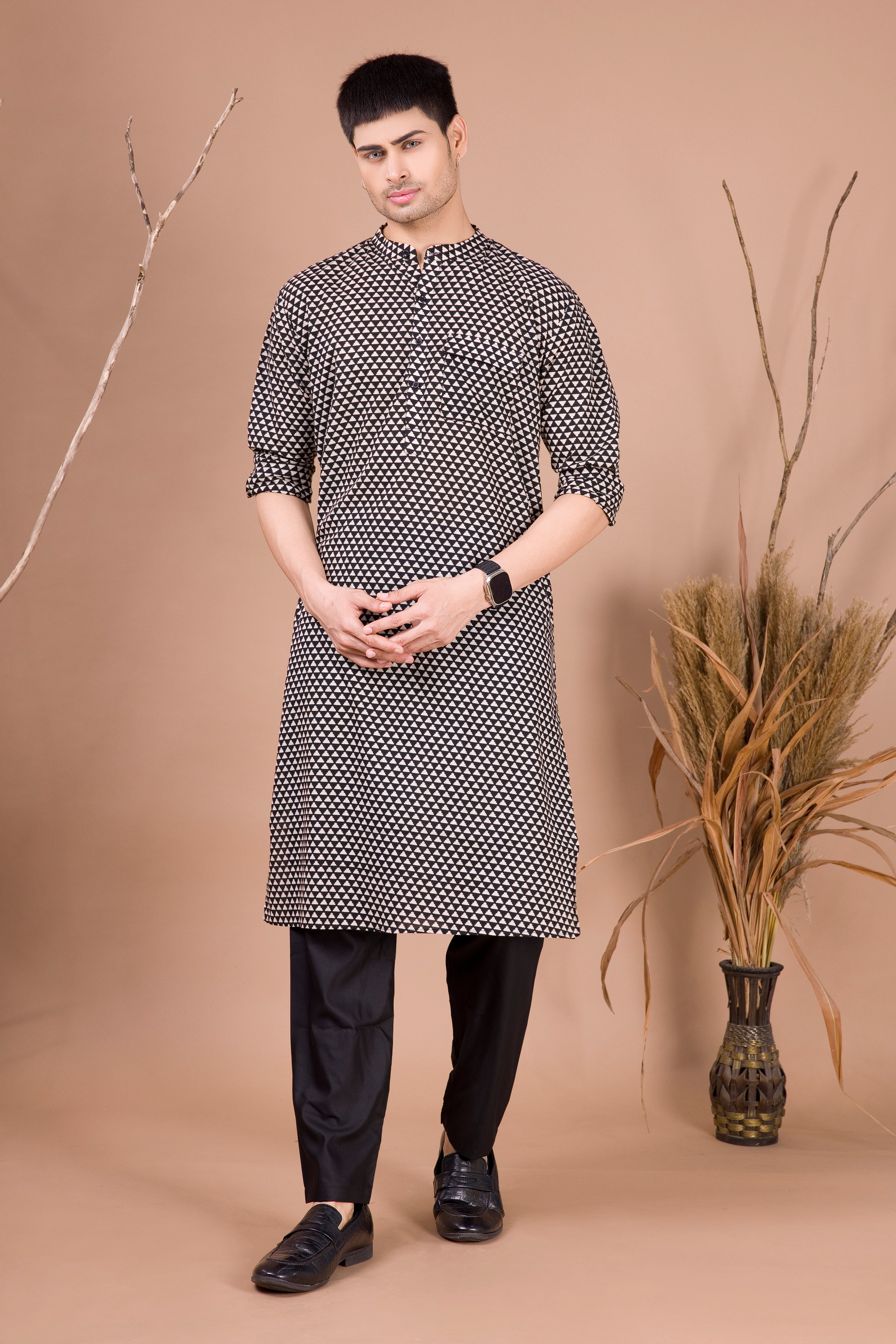 Jade Black & White Printed Cotton Kurta