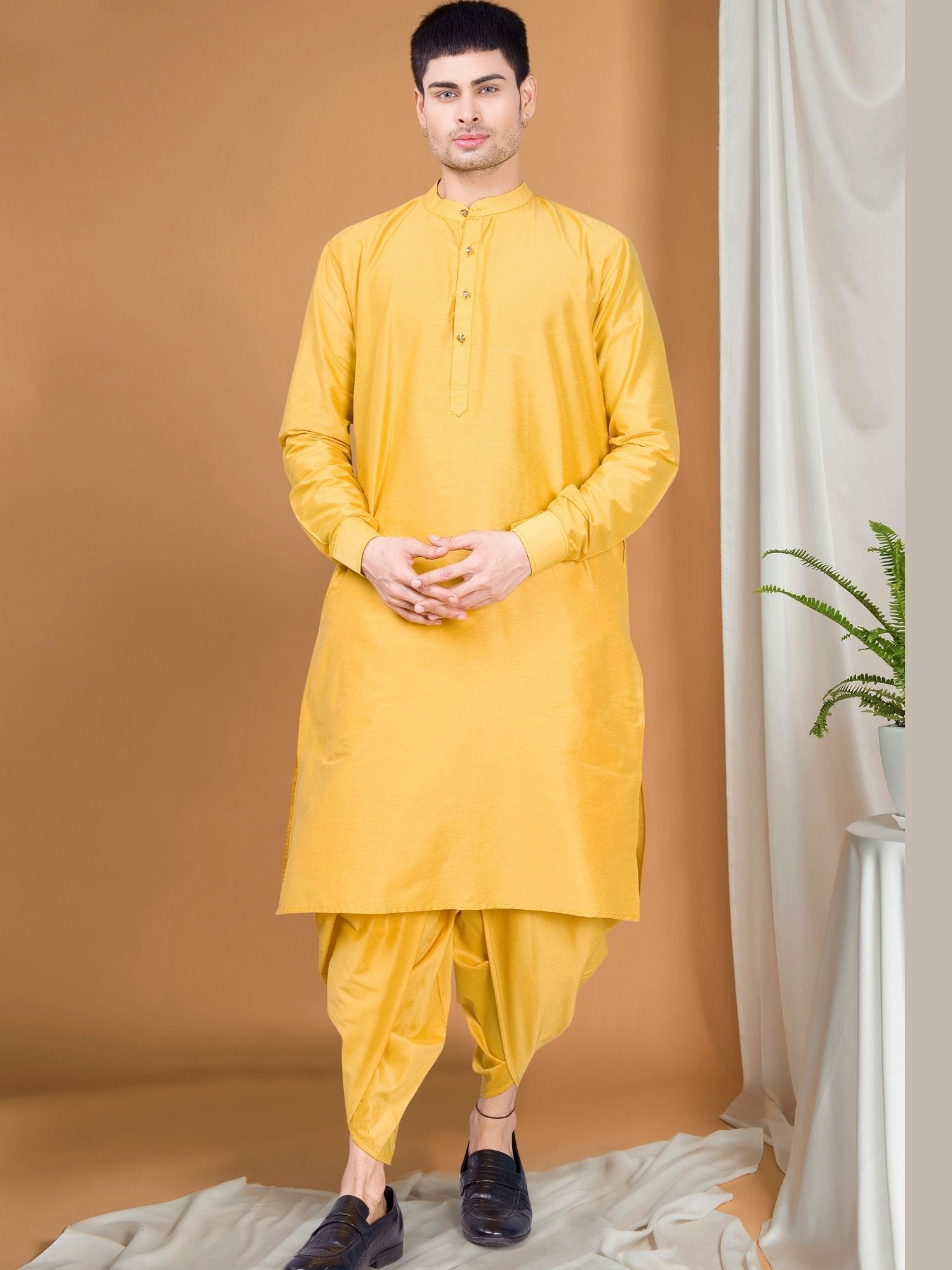 Shine Of Yellow Solid Kurta Peshawari Set
