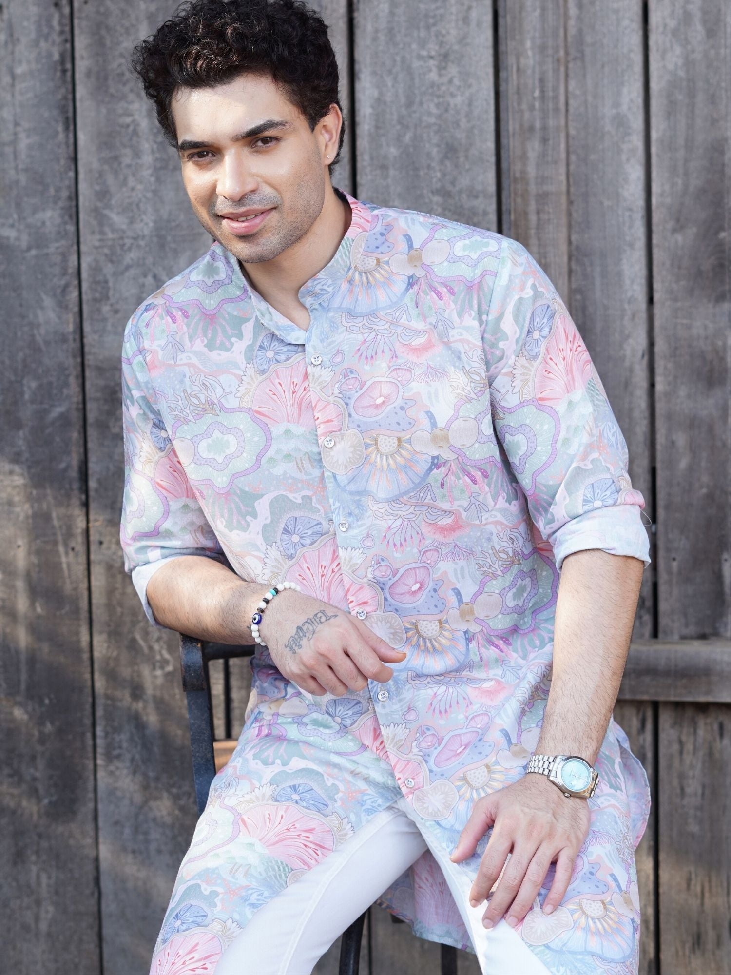 Tropical Green Floral Printed Cotton Kurta