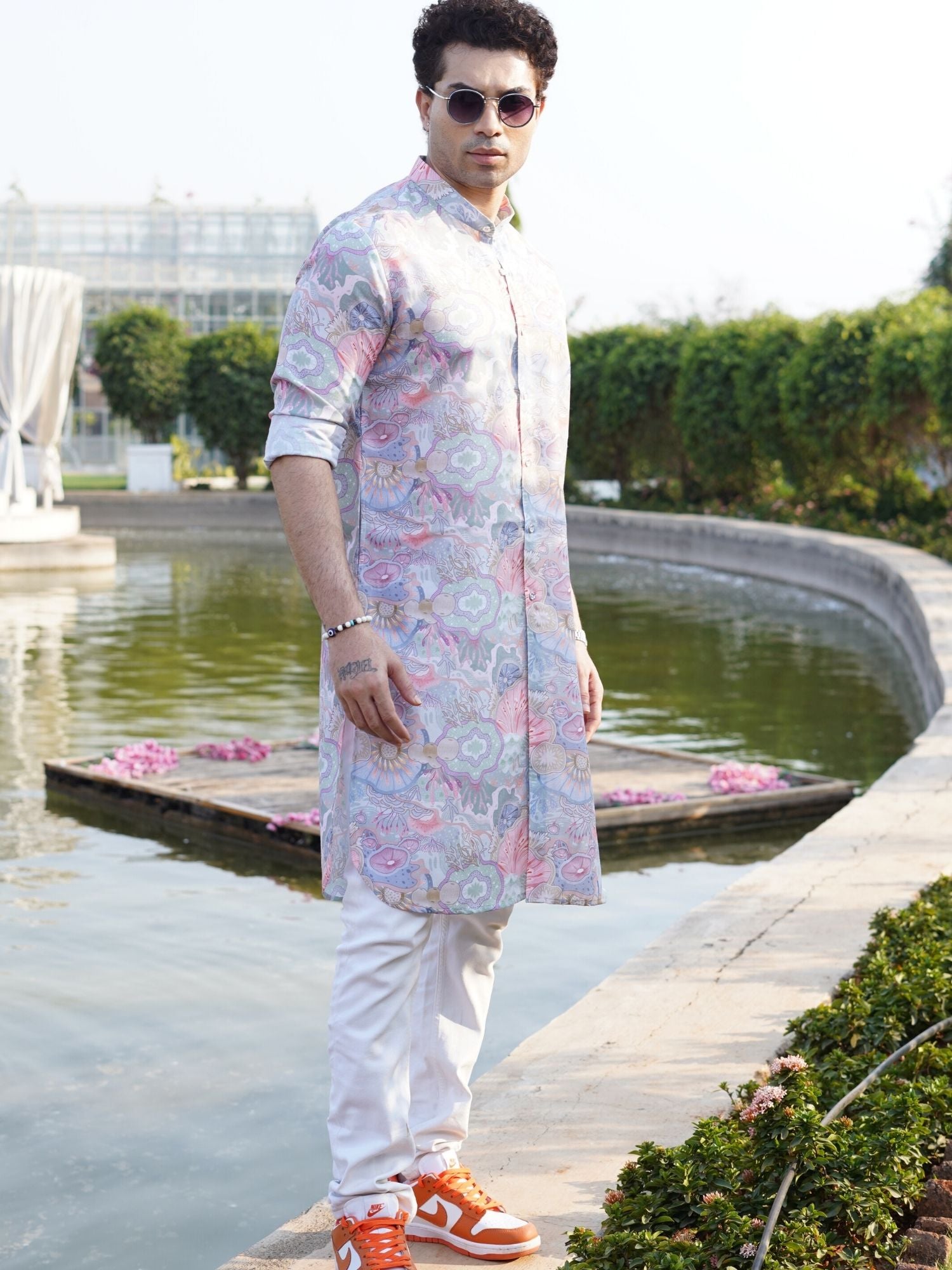 Tropical Green Floral Printed Cotton Kurta Pajama Set
