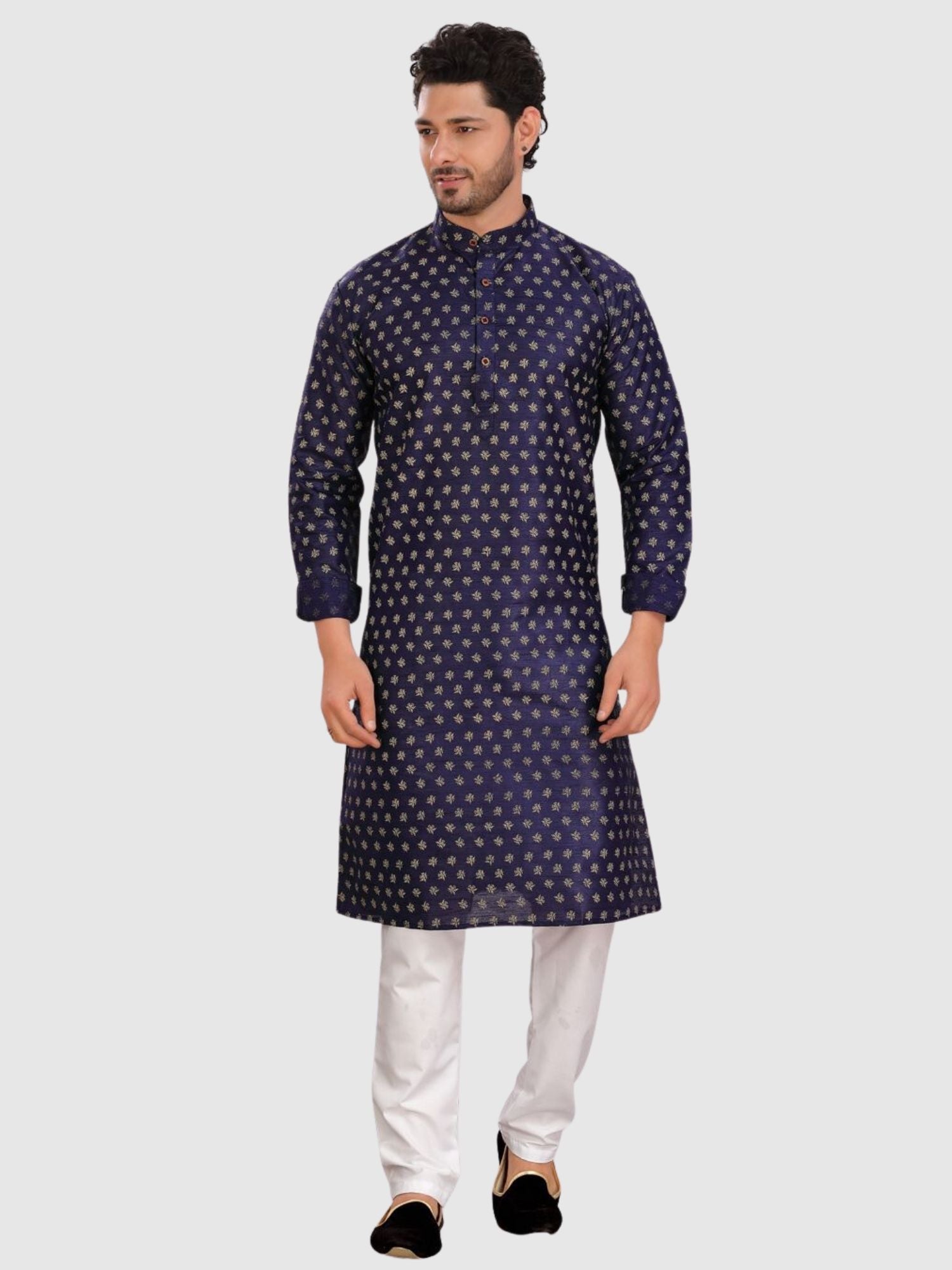 Indigo Blue Silk Printed Kurta and Matching Dhoti