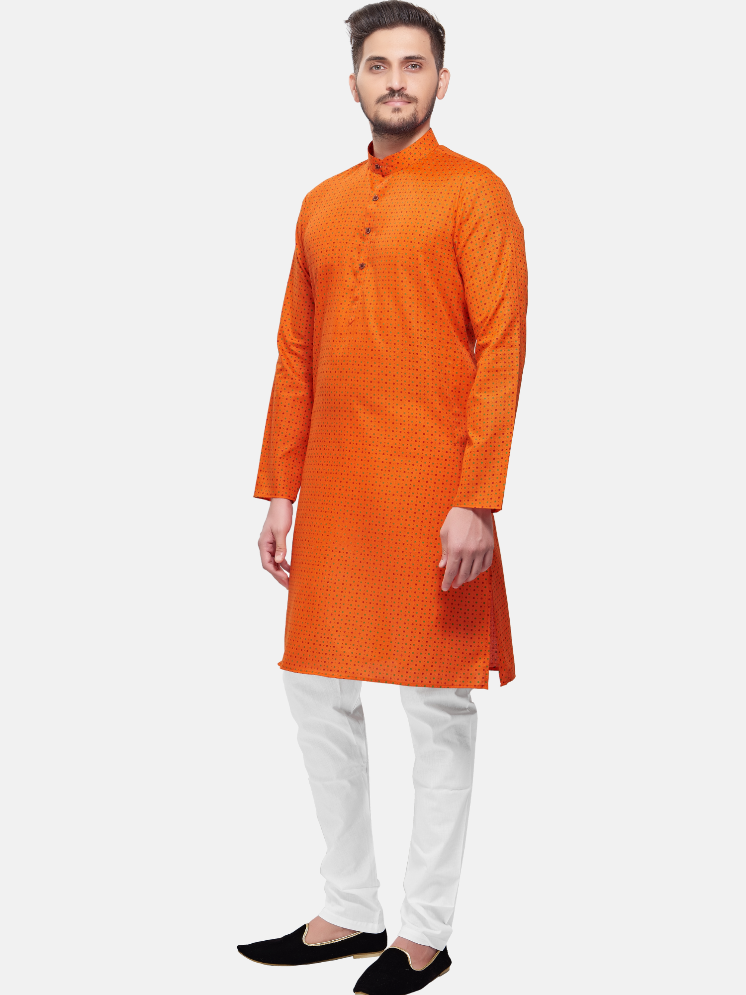 Apricot Orange Dot Printed Cotton Kurta and Matching Dhoti