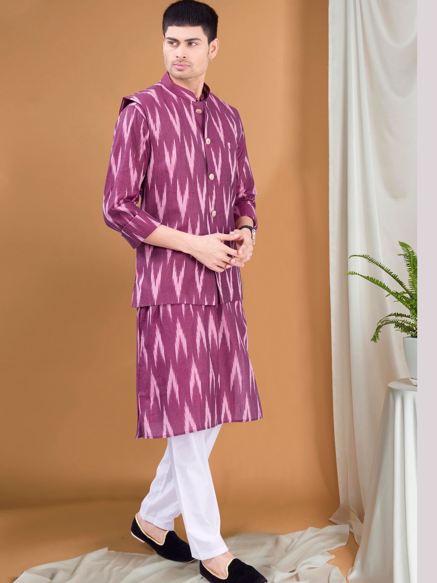 Rich Maroon Ikat Print Kurta Pajama Set