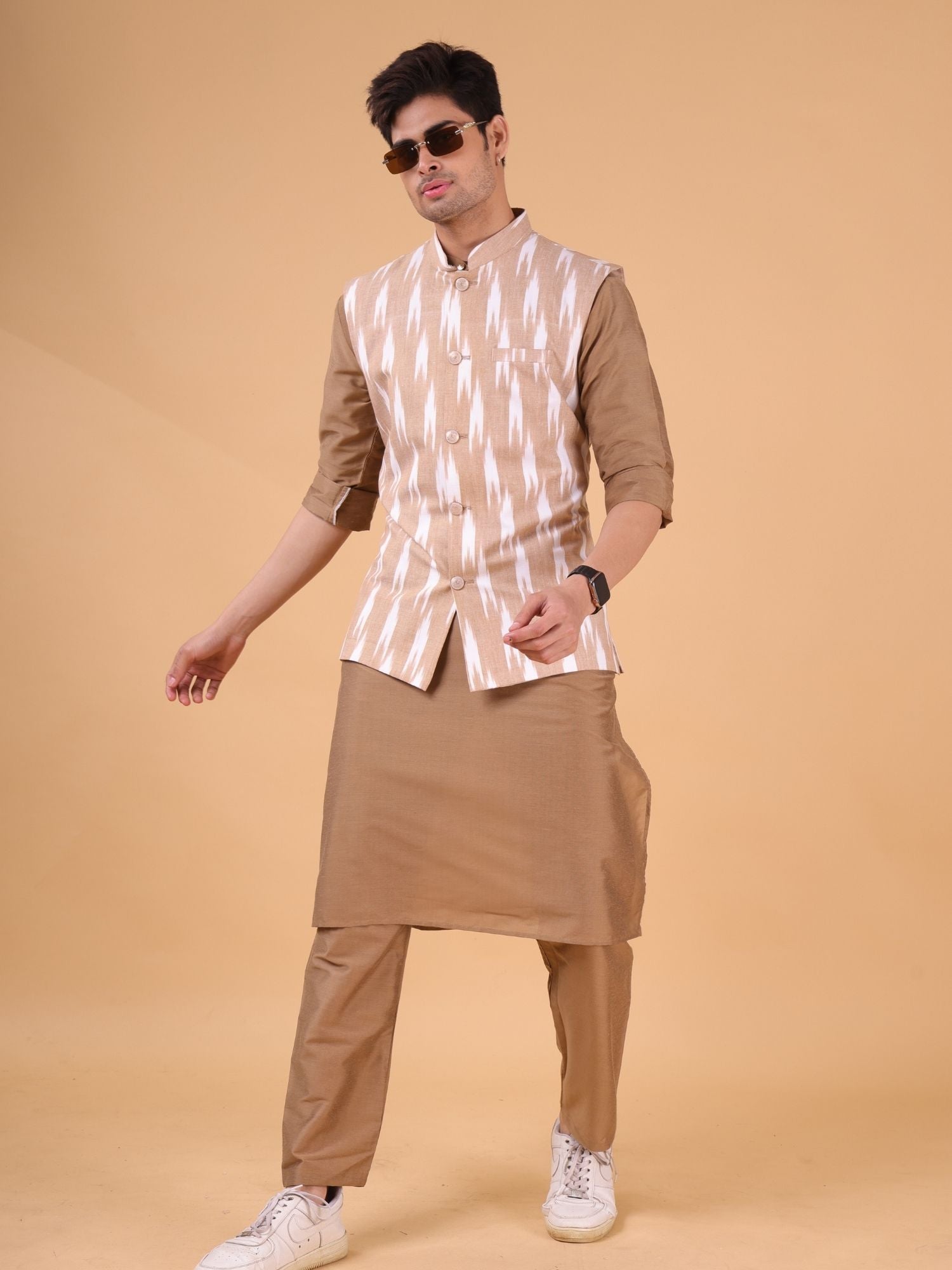 Cider Browm Solid Pattern Cotton Kurta Jacket Set