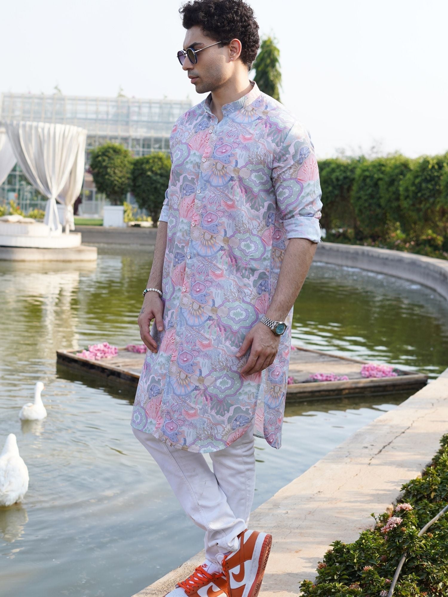Tropical Green Floral Printed Cotton Kurta Pajama Set