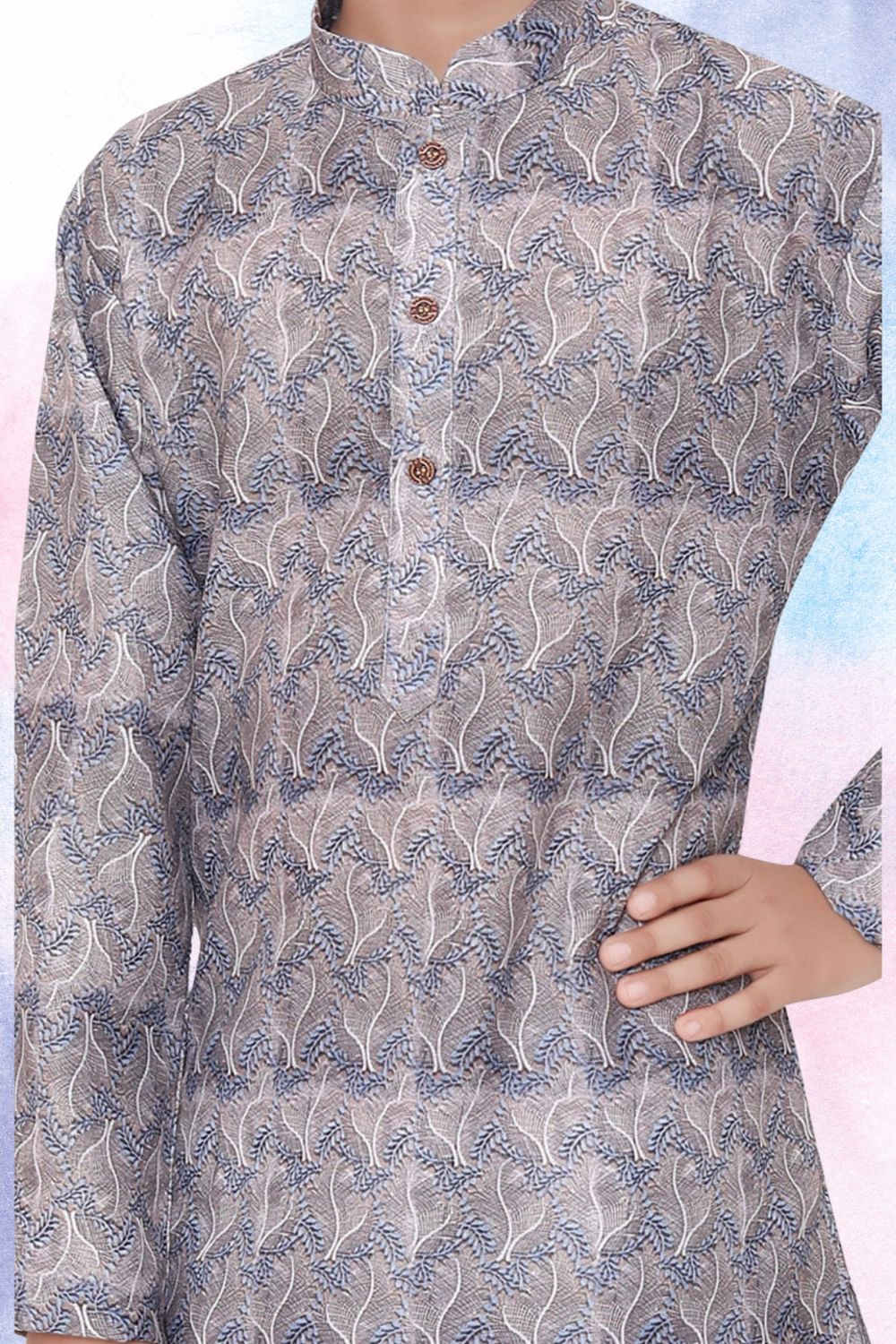 Metal Grey Indi Print Cotton Kurta Pajama Suit