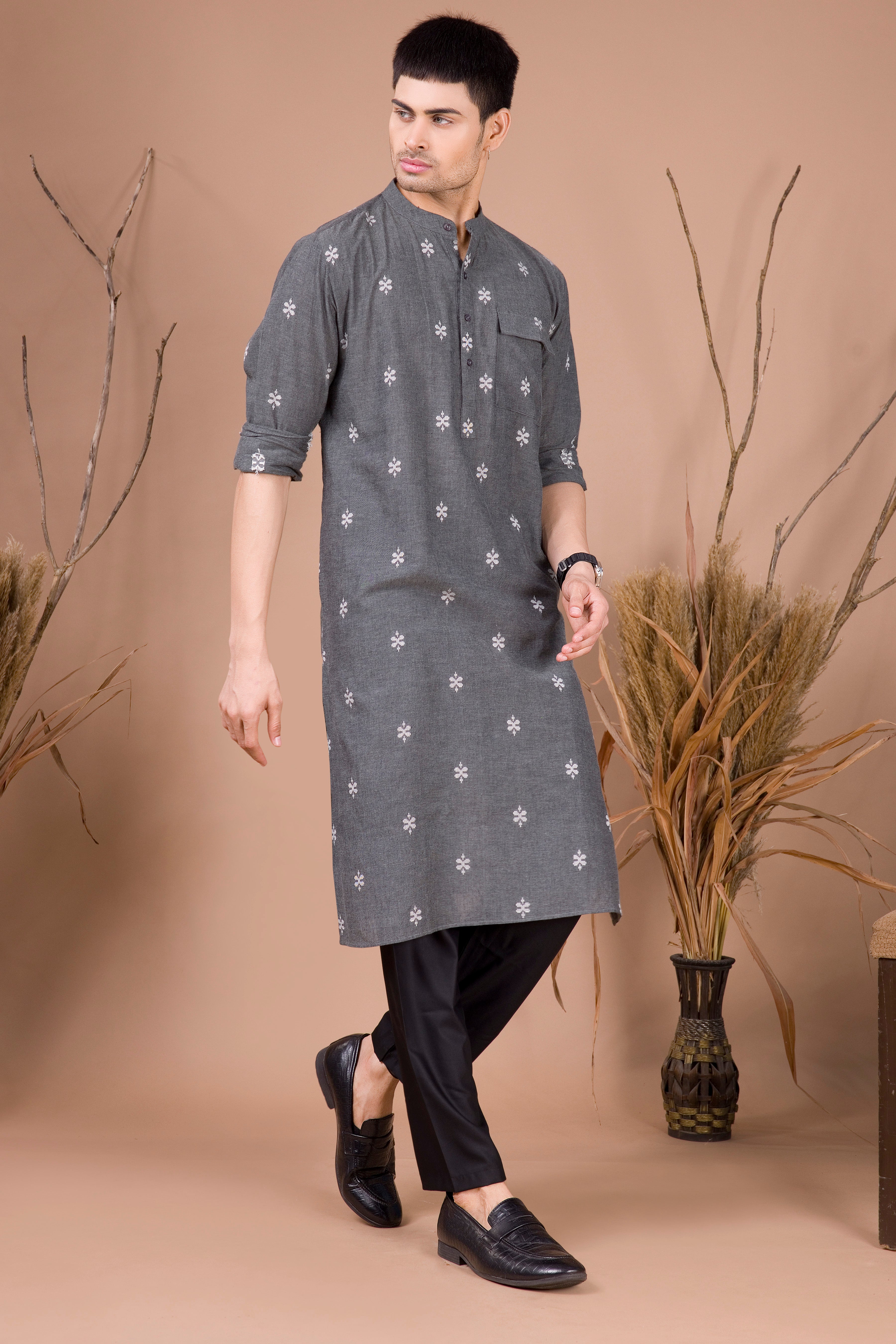 Metal Grey Printed Cotton Kurta Top